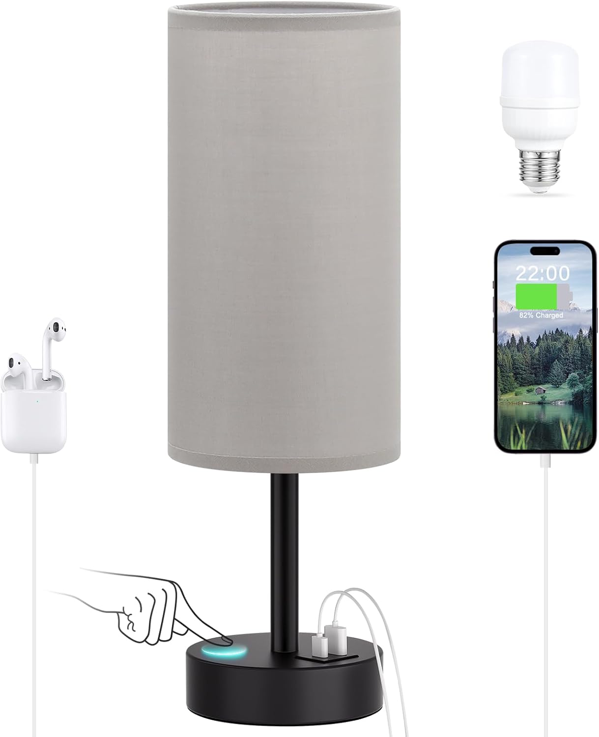 Touch Bedside Table Lamp with USB - 3 Way Dimmable Wood Lamp for Bedroom Nightstand, Desk Lamp with Charging Station for Dorm, Living Room, Office, Kids Room, Nursery, Small