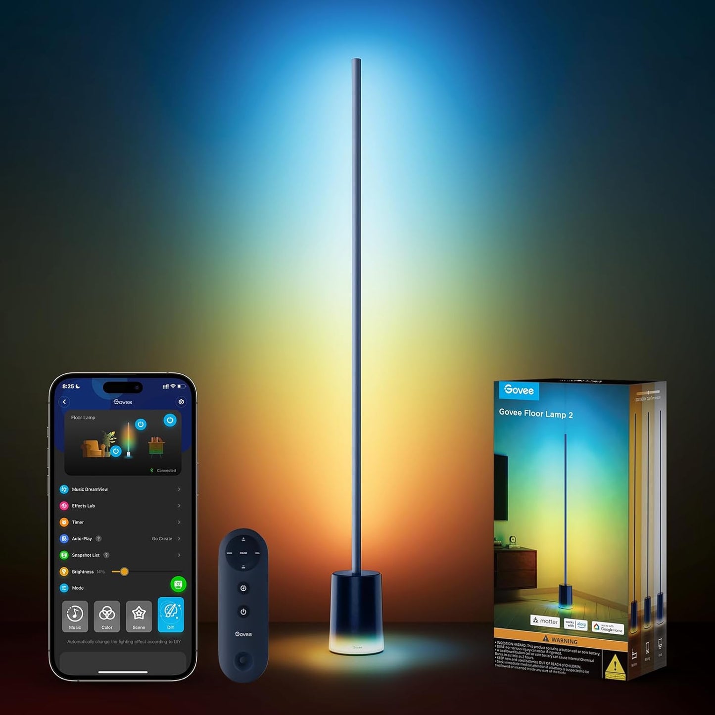 Govee Floor Lamp 2 with Matter, RGBIC, Warm Cool White LED, Alexa Compatible, 1725lm, Music Sync, Scene Modes, Smart Floor Lamp for Living Room, Bedroom, Black(1 Pack)