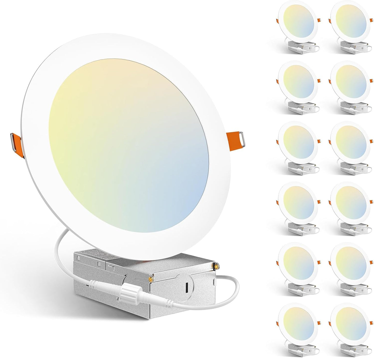 Amico 12 Pack 6 Inch 5CCT Ultra-Thin LED Recessed Ceiling Light with Junction Box, 1050LM Brightness, Dimmable Canless Wafer Downlight, 12W, ETL&FCC