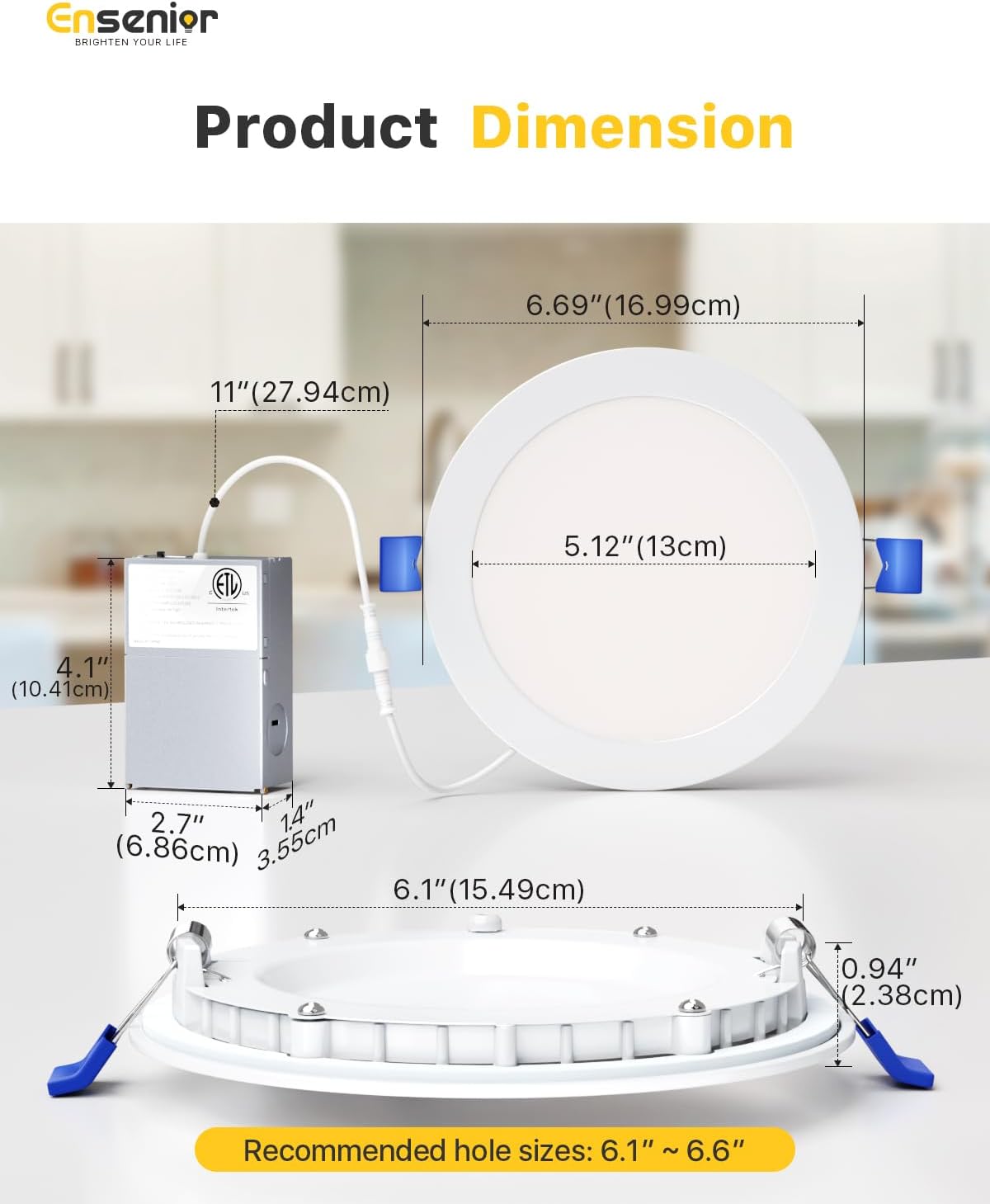 Ensenior 12 Pack 6 Inch LED Recessed Ceiling Light, Dimmable, 2700K-5000K 5CCT, 1200LM 12W 120V, High Brightness Canless Wafer Downlight - ETL&FCC&IC