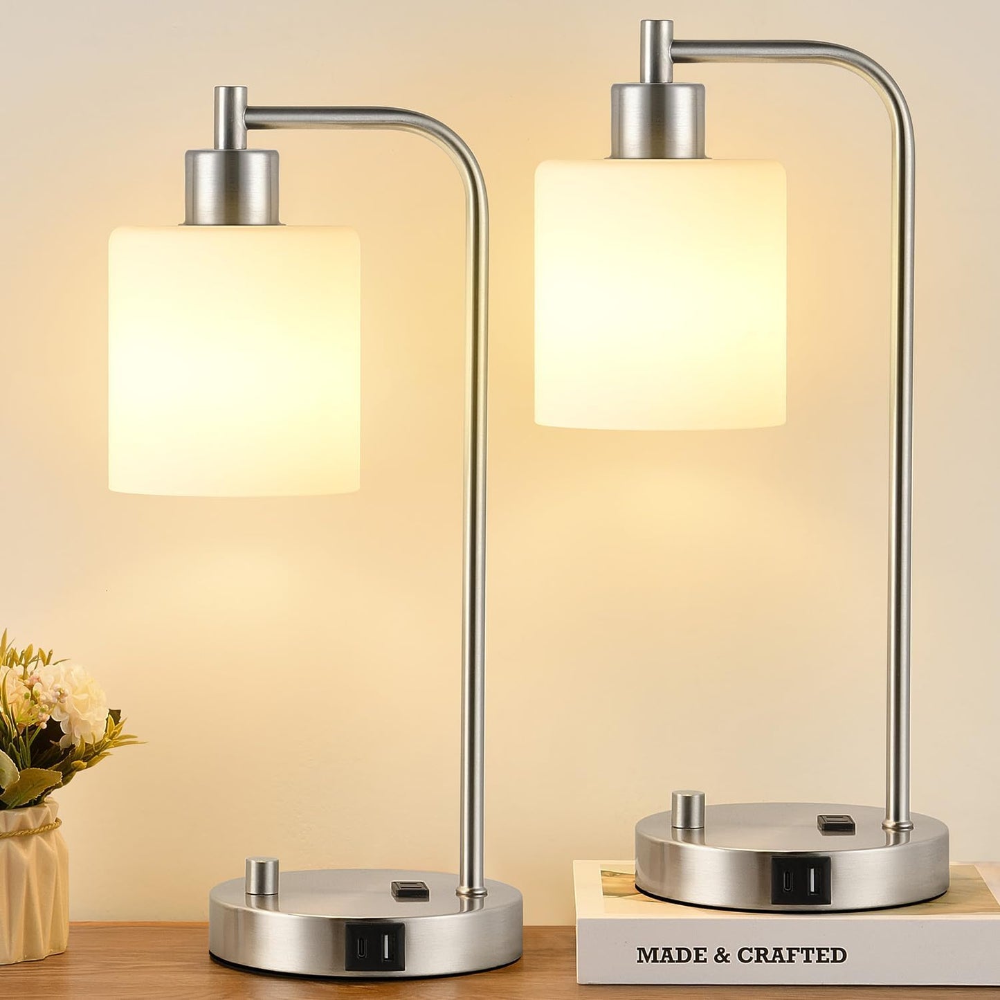 Set of 2 Industrial Table Lamps with USB Port, Fully Stepless Dimmable Bedside Lamps for Bedrooms, Nightstand Desk Lamp with Clear Glass Shade for Reading Living Room Office 2 LED Bulb Included