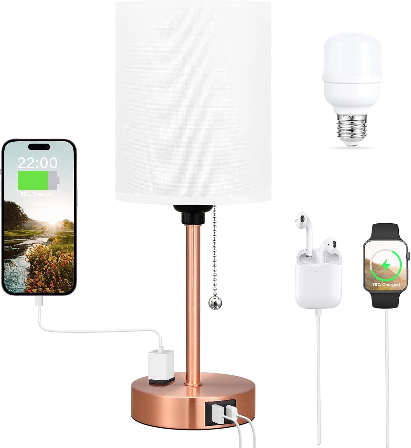 Small Bedside Table lamp for Bedroom - 3 Color Temperatures Bedside Lamps with USB C and A Ports, Pull Chain Table Lamps with AC Outlet, White Nightstand Lamps with Black Metal Base for Kids Reading