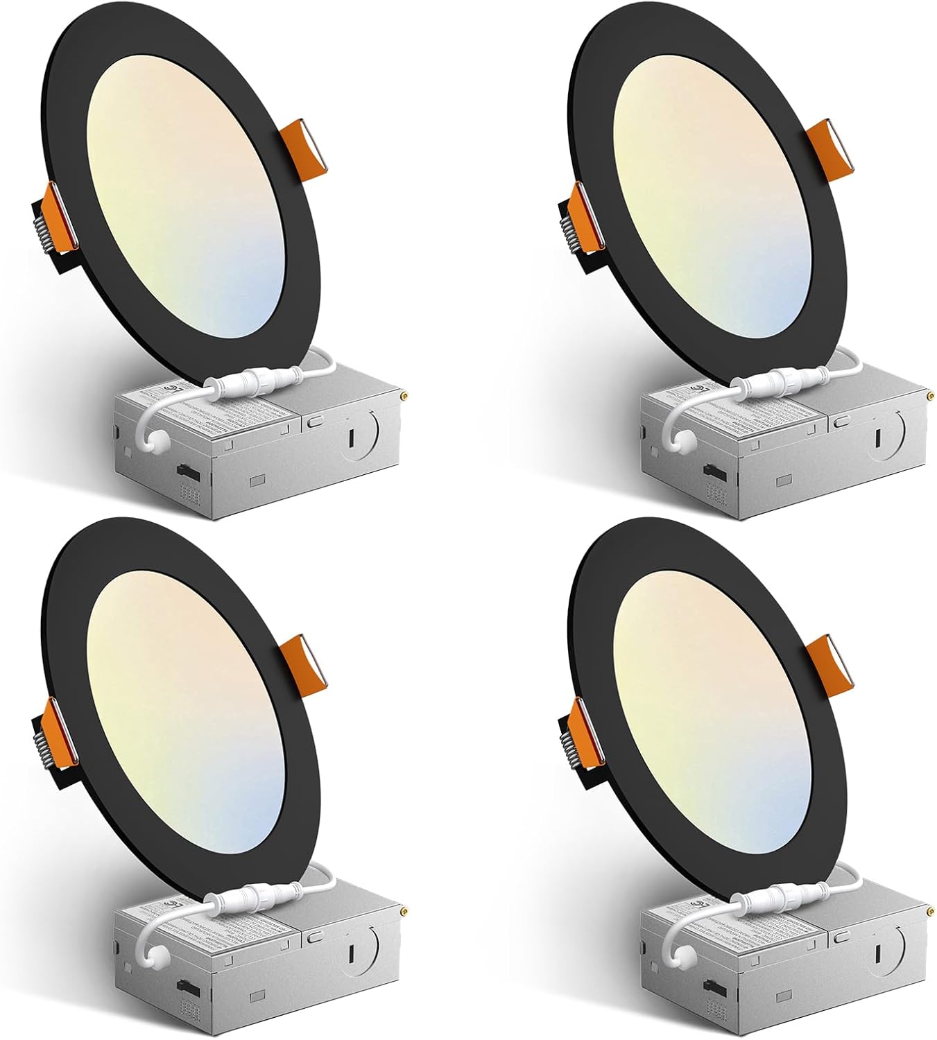 Amico 4 Pack 6 Inch 5CCT Ultra-Thin LED Recessed Ceiling Light with Junction Box, 2700K/3000K/3500K/4000K/5000K Selectable, 12W Eqv 110W 1050LM Brightness Dimmable Canless Wafer Downlight, ETL & FCC