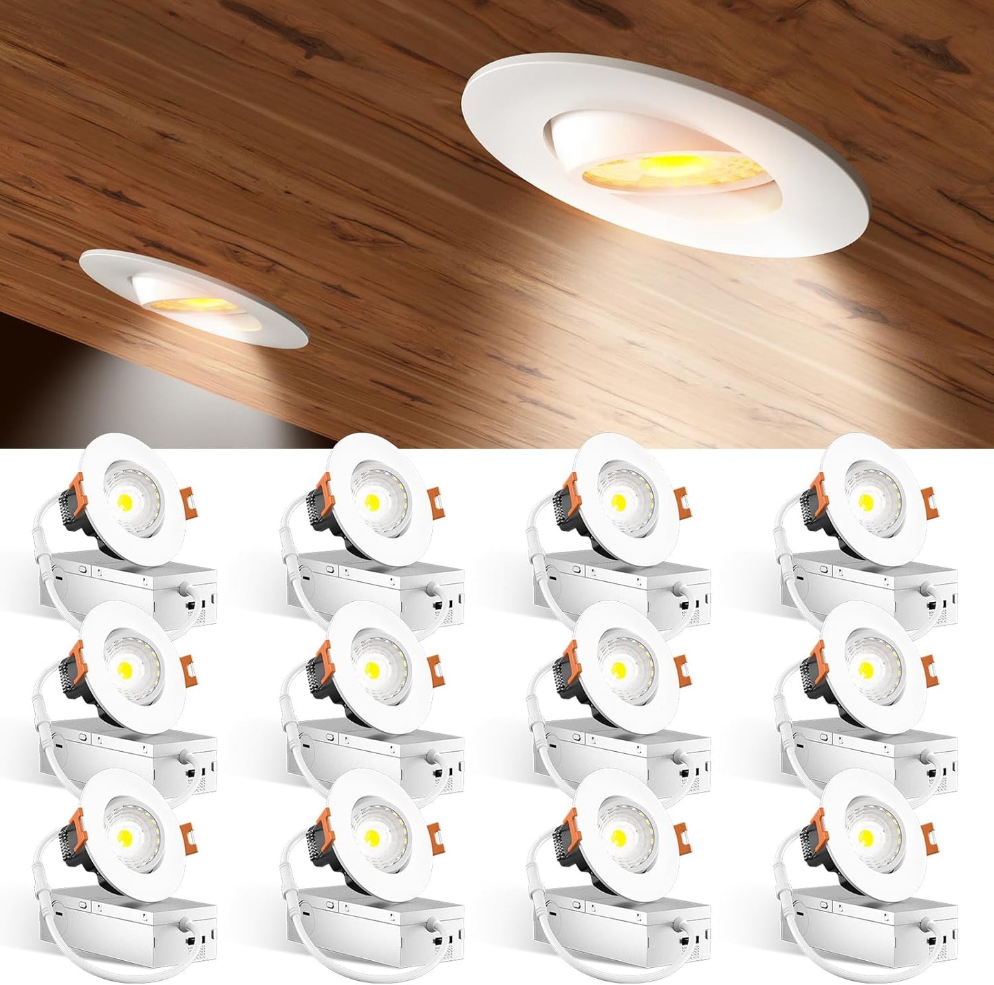 Amico 12 Pack 6 Inch 5CCT Gimbal LED Recessed Lighting, 360°&90°Adjustable Eyeball Directional Downlight, Dimmable, 2700K/3000K/3500K/4000K/5000K Selectable, 12W 1200LM CRI90+, White, ETL&FCC