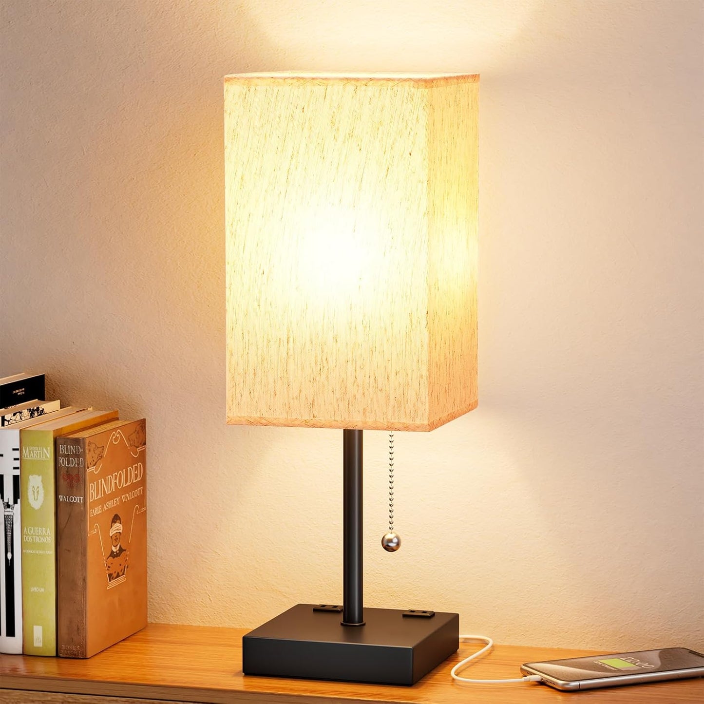 Small Table Lamp for Bedroom - Bedside Lamps for Nightstand, Minimalist Night Stand Light Lamp with Square Fabric Shade, Desk Reading Lamp for Kids Room Living Room Office Dorm