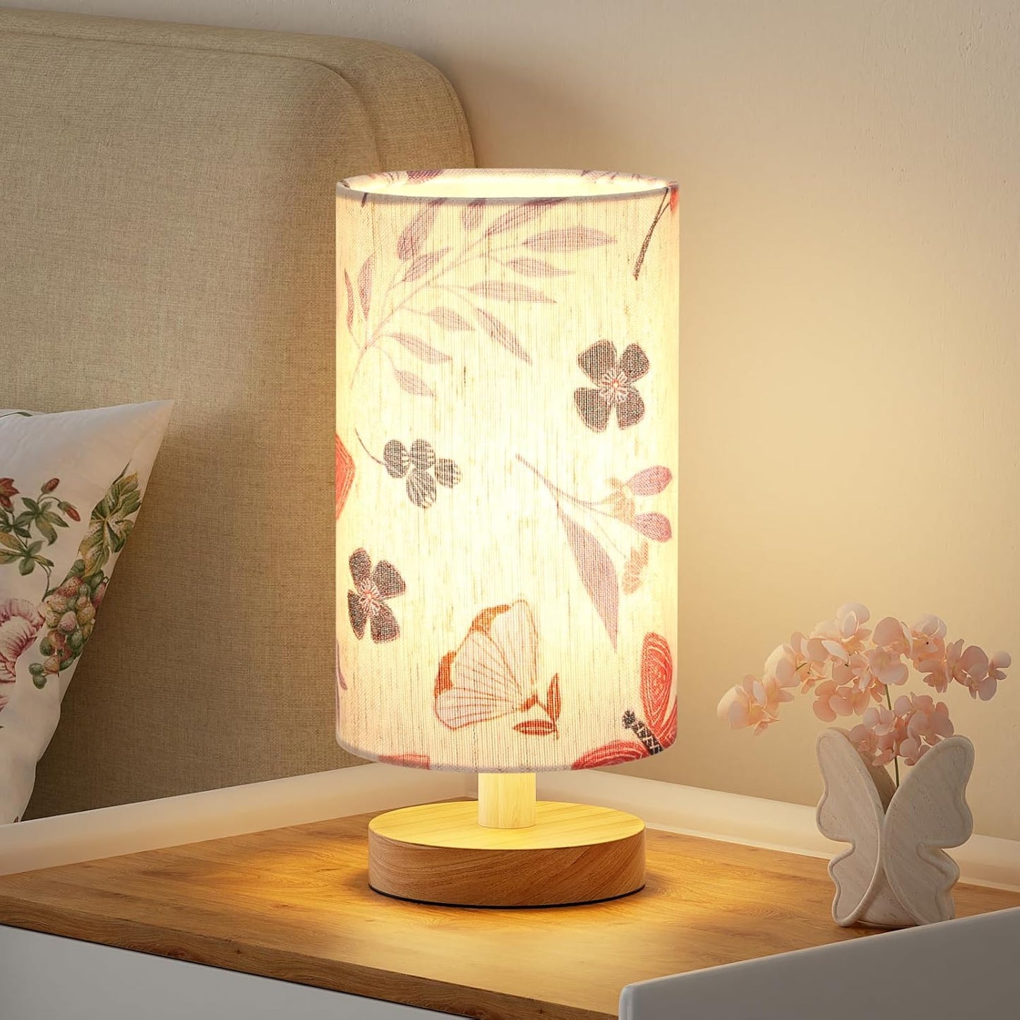 Small Table Lamp for Bedroom - Inline Control, Bedside Lamp with 3000K A15 LED Blub, Easy Assembly (Cream Shade - Wood Base, 9" Inline Control)