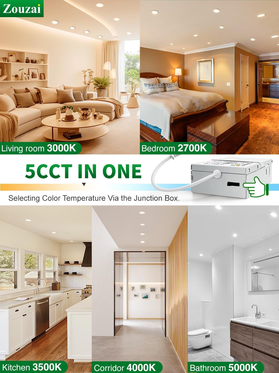 zouzai 20 Pack 6 Inch Ultra-Thin LED Recessed Ceiling Light with Junction Box 5CCT Adjustable Dimmable Can-Killer Downlight - ETL and Energy Star Certified