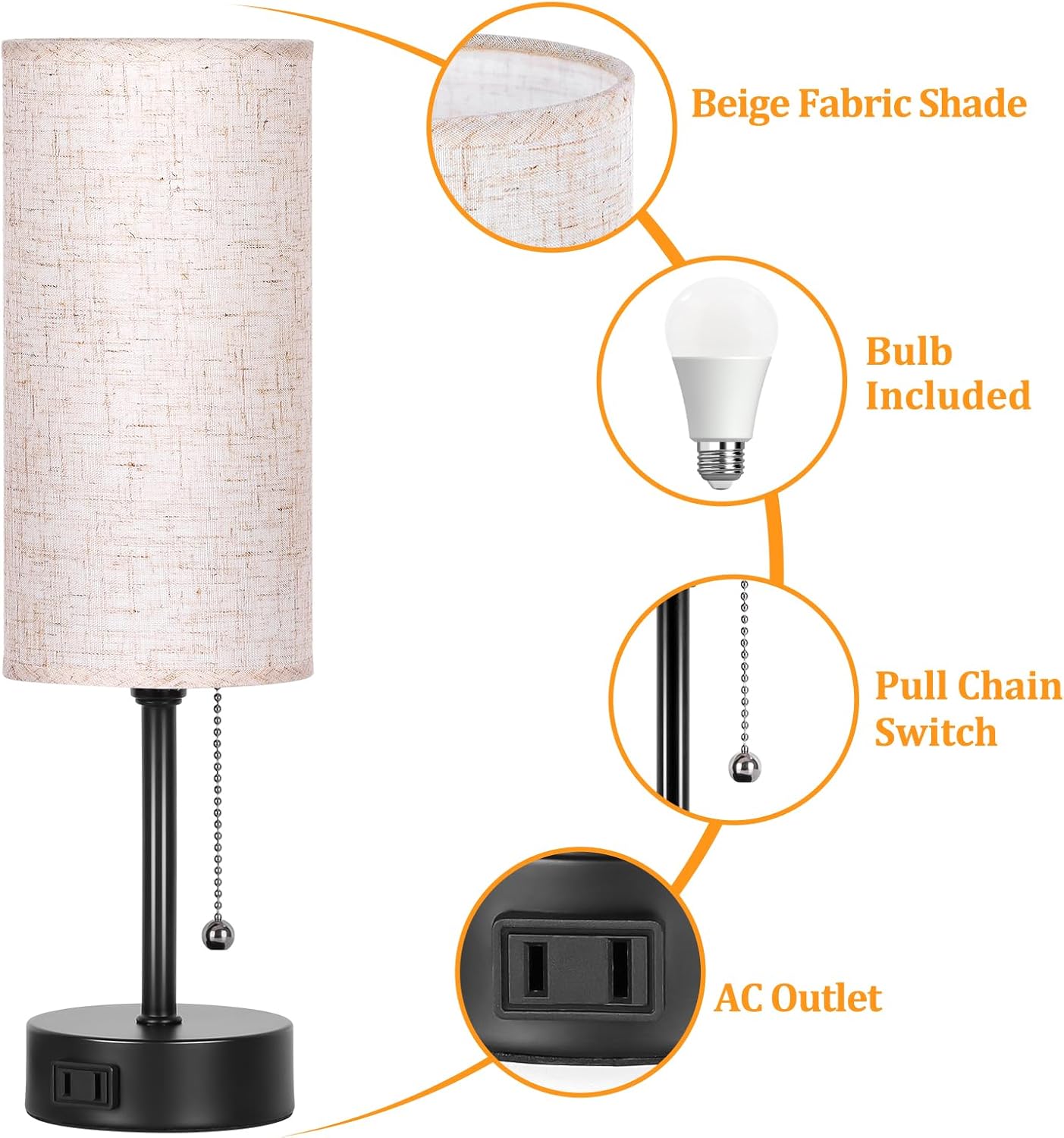 Dott Arts 15" Table Lamp for Bedroom, 3-Color Bedside Lamps with Pull Chain, Bedroom Table Lamps for Nightstand,AC Outlet Small Lamp for Living Room, Bulb Included