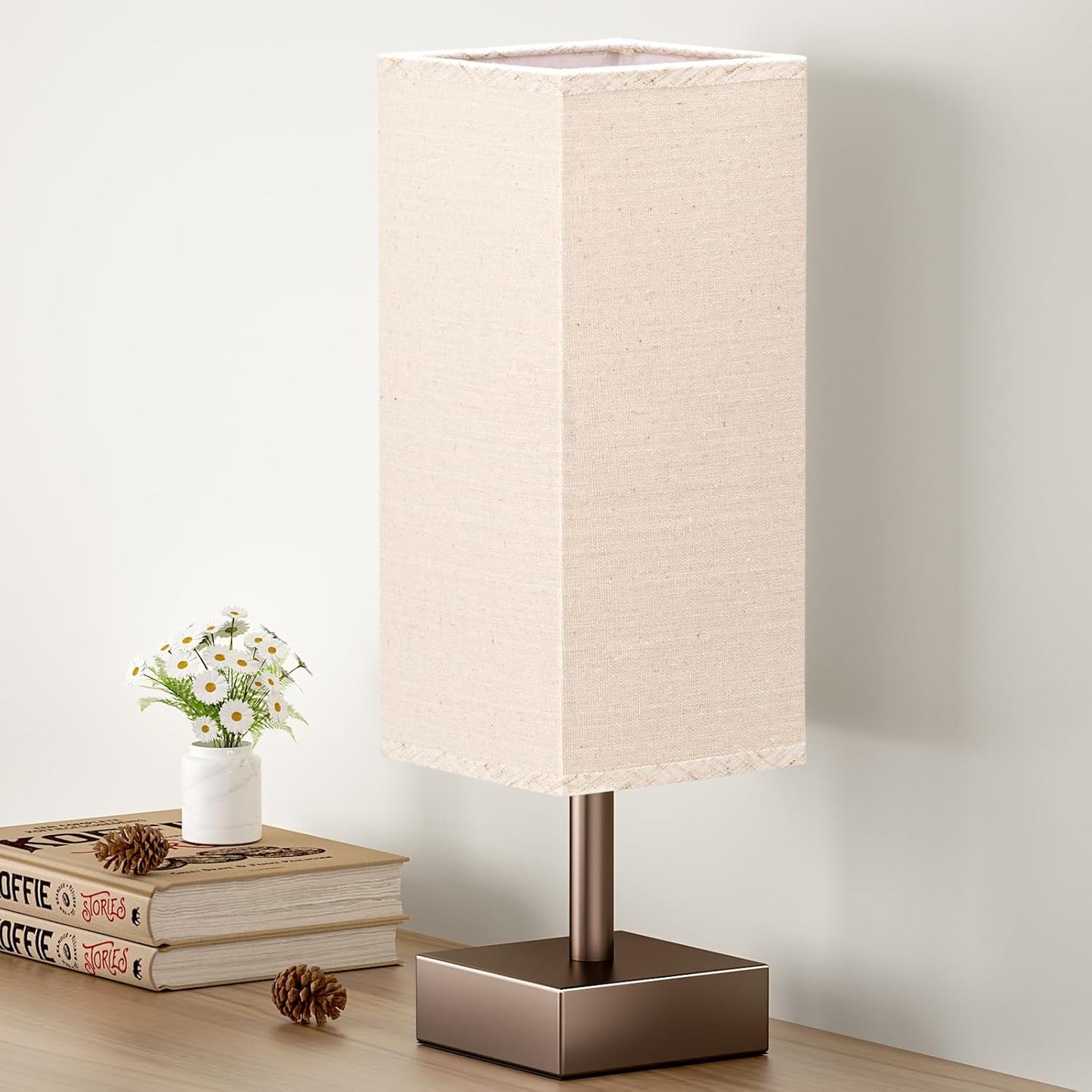 Small Table Lamp for Bedroom - Bedside Lamps for Nightstand, Minimalist Night Stand Light Lamp with Square Fabric Shade, Desk Reading Lamp for Kids Room Living Room Office Dorm