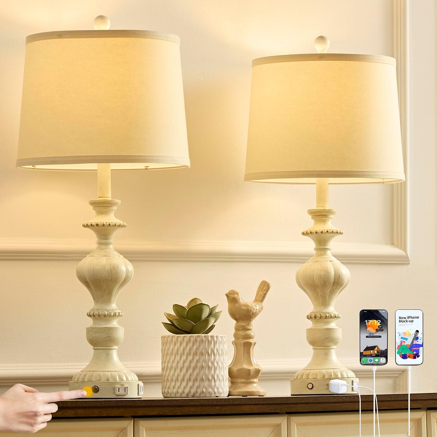 27.5" Farmhouse Table Lamps Set of 2 Bedside Nightstand Lamp with USB C+A Ports & AC Outlet, 3 Way Dimmable Touch Lamps for Bedroom Living Room Office Hallway Rustic Traditional Lamp (Copper)