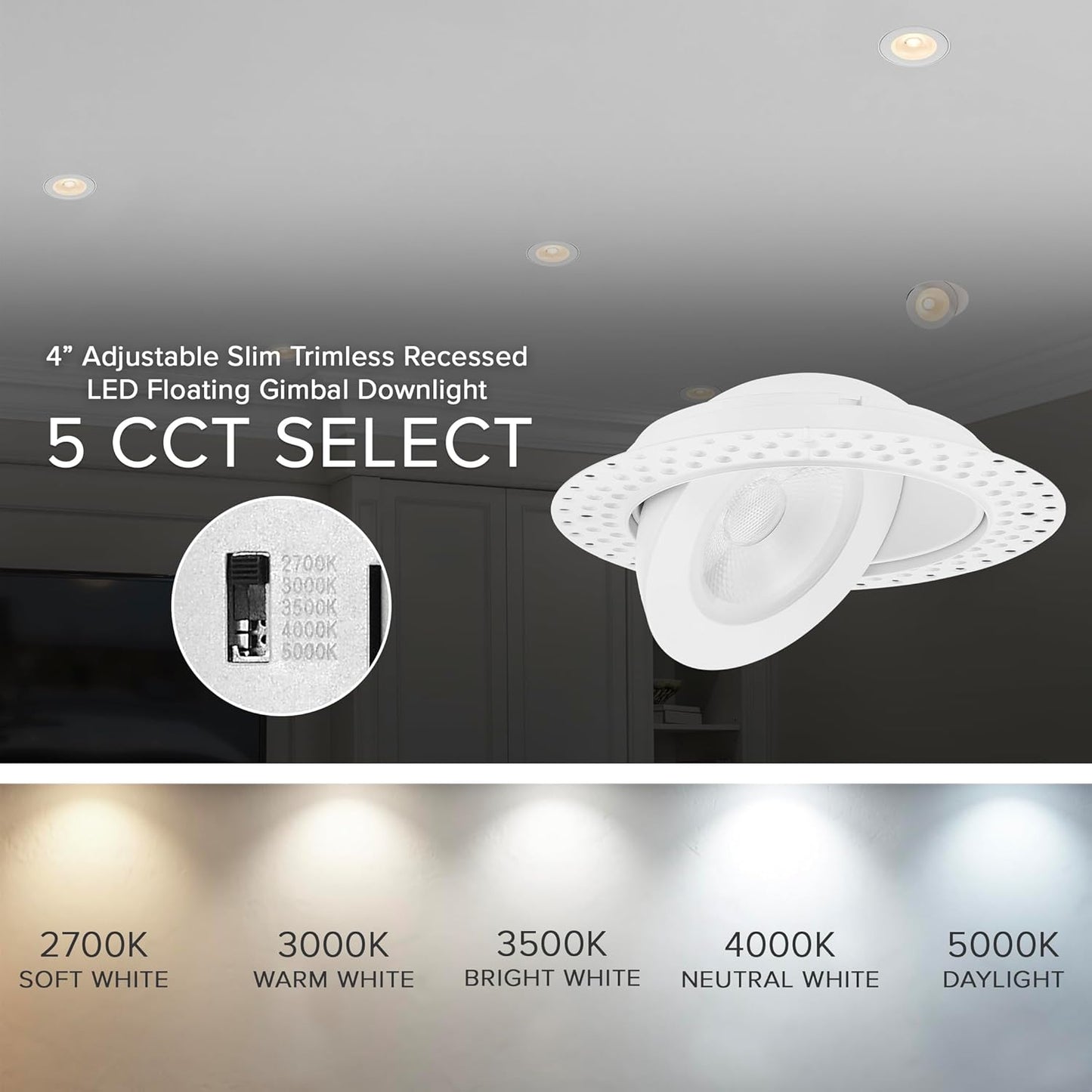 Maxxima 4” 5 CCT Rotatable Ultra-Thin Trimless Recessed LED Floating Gimbal Downlight, 750 Lumens, Color Selectable 2700K/3000K/3500K/4000K/5000K, 90-Degree Tilt, Dimmable, 90 CRI, IC Rated Canless