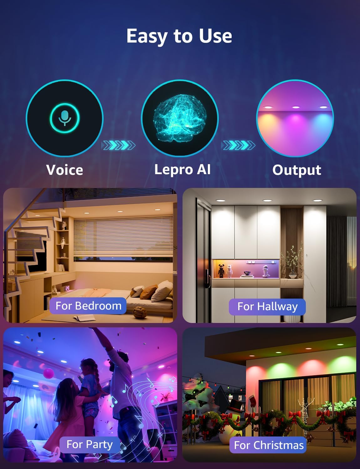 Lepro R2 AI Smart LED Recessed Lighting 6 Inch, RGB+Cool/Warm White APP Control Ceiling Lights, Alexa & Google Compatible, 12W 1050LM Slim Canless Downlight, AI Generated Lighting, 2.4GHz WiFi, 4-Pack