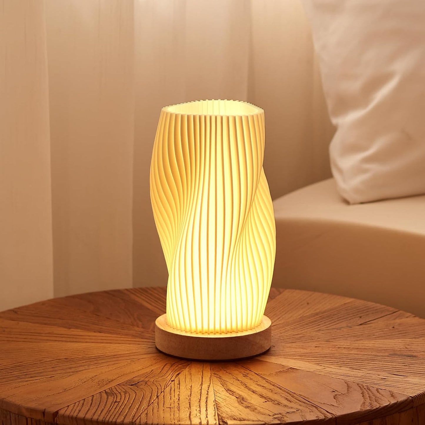 Bedside Lamp with Woodbase - Button Control Table Lamp for Bedroom 12 Way Dimmable Nightstand Lamp with PLA Lampshade for Living Room, Kids Room, College Dorm, Office (White-E, Medium)