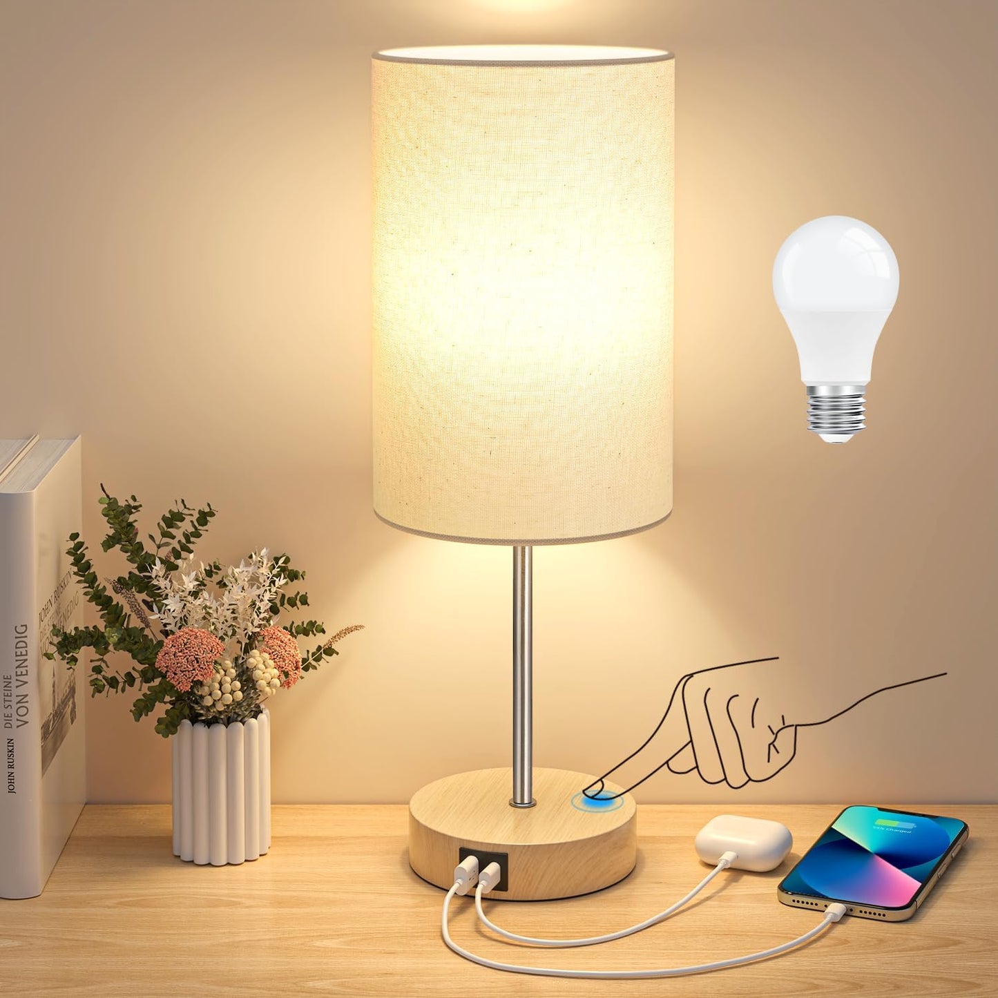 AKASUKI Table Lamp for Bedroom, 3 Way Dimmable Touch Lamp with Dual Charging Station, Small Bedside Lamps for Night Stands, Living Room, Office(LED Bulb Included)