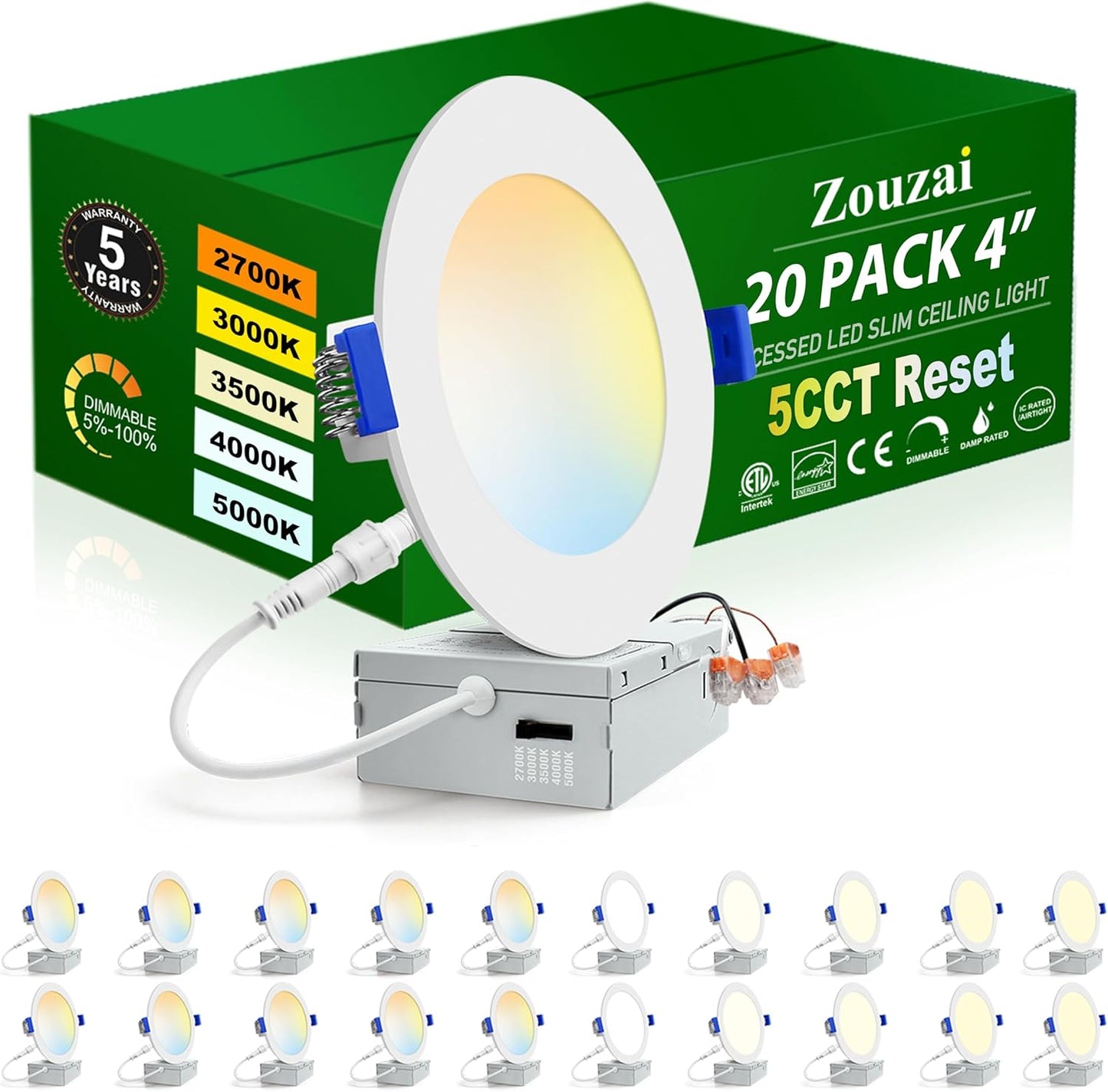 zouzai 20 Pack 6 Inch Ultra-Thin LED Recessed Ceiling Light with Junction Box 5CCT Adjustable Dimmable Can-Killer Downlight - ETL and Energy Star Certified