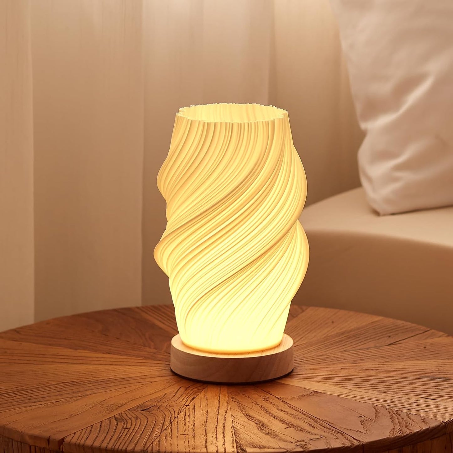 Bedside Lamp with Woodbase - Button Control Table Lamp for Bedroom 12 Way Dimmable Nightstand Lamp with PLA Lampshade for Living Room, Kids Room, College Dorm, Office (White-E, Medium)