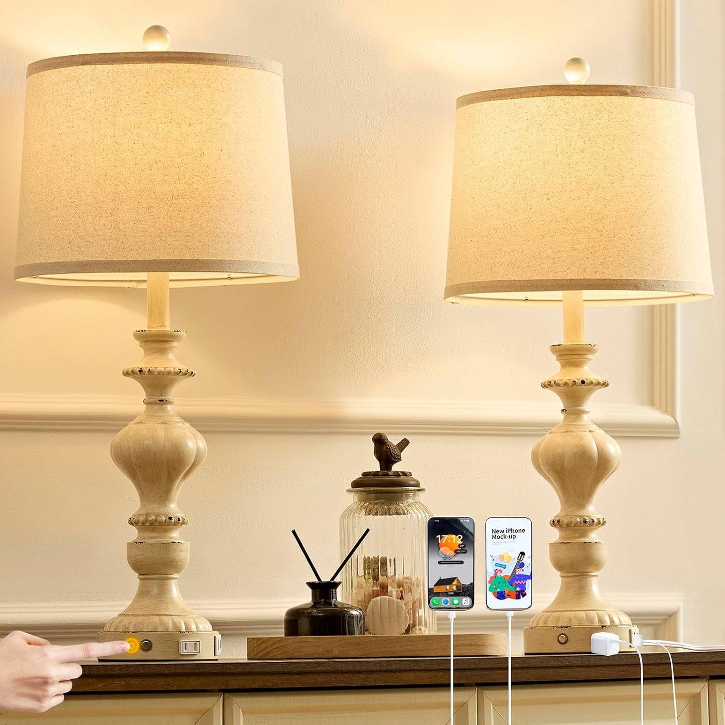 27.5" Farmhouse Table Lamps Set of 2 Bedside Nightstand Lamp with USB C+A Ports & AC Outlet, 3 Way Dimmable Touch Lamps for Bedroom Living Room Office Hallway Rustic Traditional Lamp (Copper)
