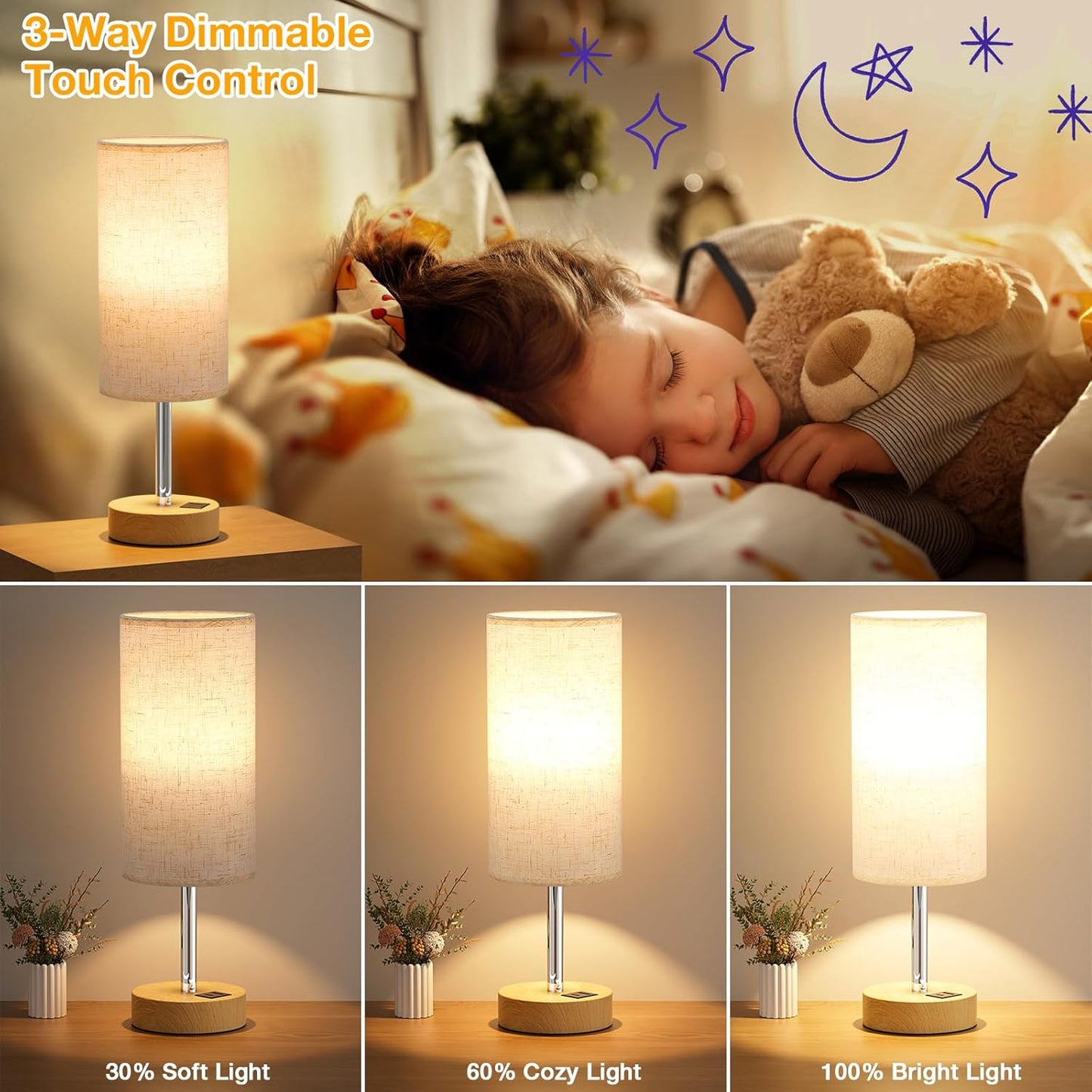 Touch Bedside Table Lamp with USB - 3 Way Dimmable Wood Lamp for Bedroom Nightstand, Desk Lamp with Charging Station for Dorm, Living Room, Office, Kids Room, Nursery, Small