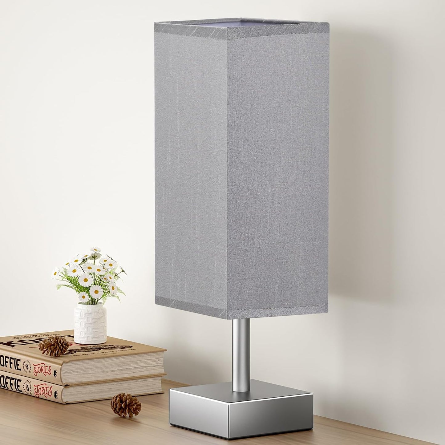 Small Table Lamp for Bedroom - Bedside Lamps for Nightstand, Minimalist Night Stand Light Lamp with Square Fabric Shade, Desk Reading Lamp for Kids Room Living Room Office Dorm