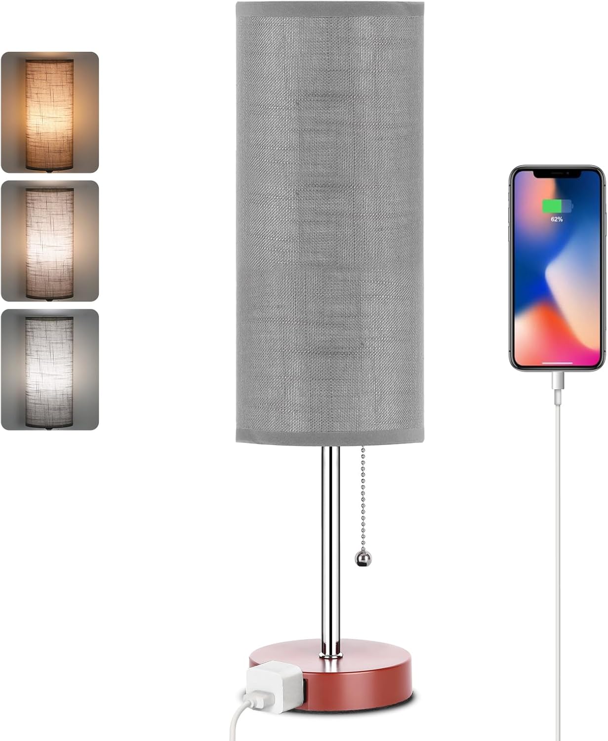 Dott Arts 15" Table Lamp for Bedroom, 3-Color Bedside Lamps with Pull Chain, Bedroom Table Lamps for Nightstand,AC Outlet Small Lamp for Living Room, Bulb Included