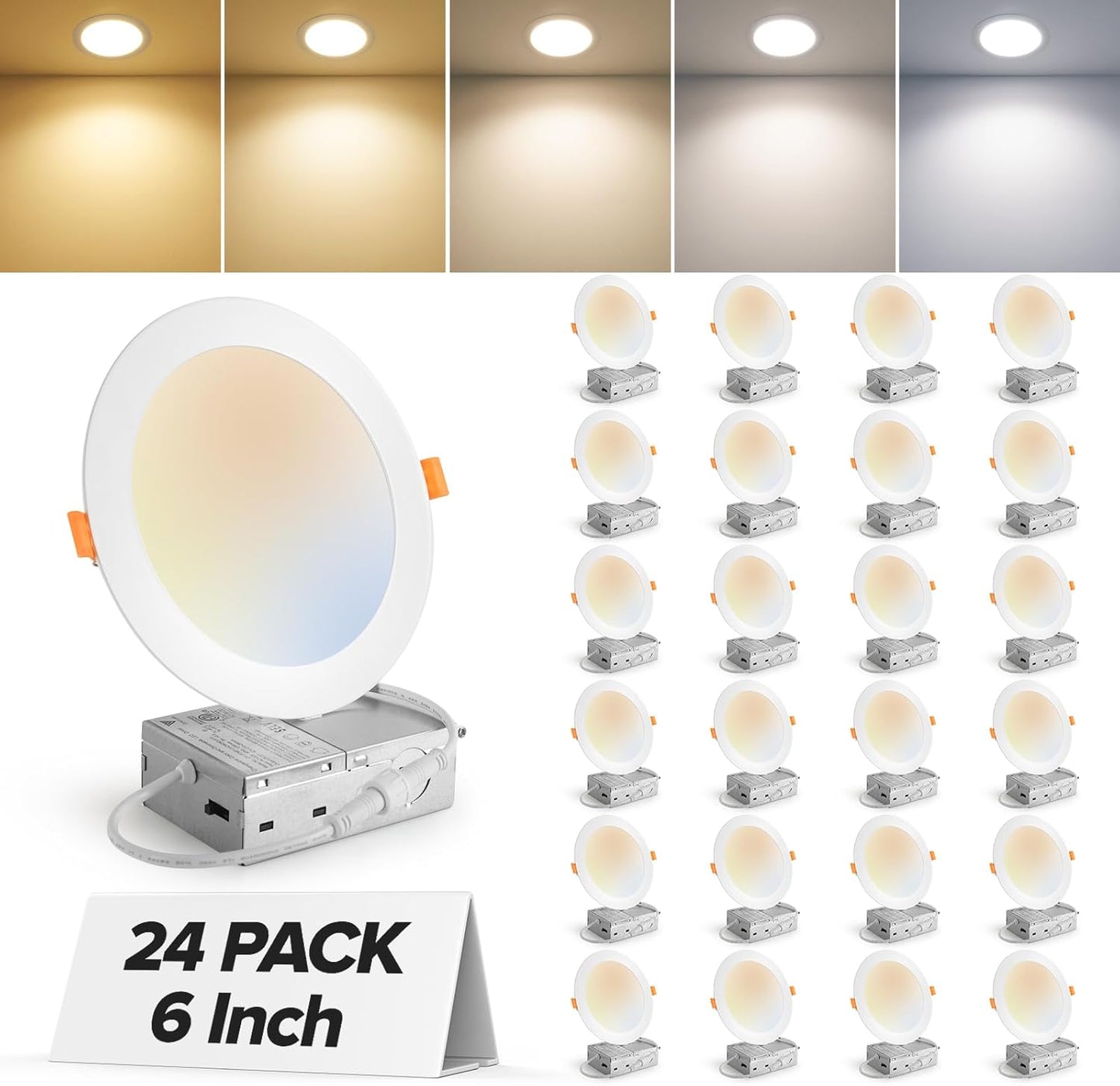 MAILCOS 12 Pack 6 Inch 5CCT Ultra-Thin LED Recessed Ceiling Light with Junction Box, 2700K-5000K Selectable, 1050LM High Brightness, Dimmable Canless Wafer Downlight, 12W 120V, ETL