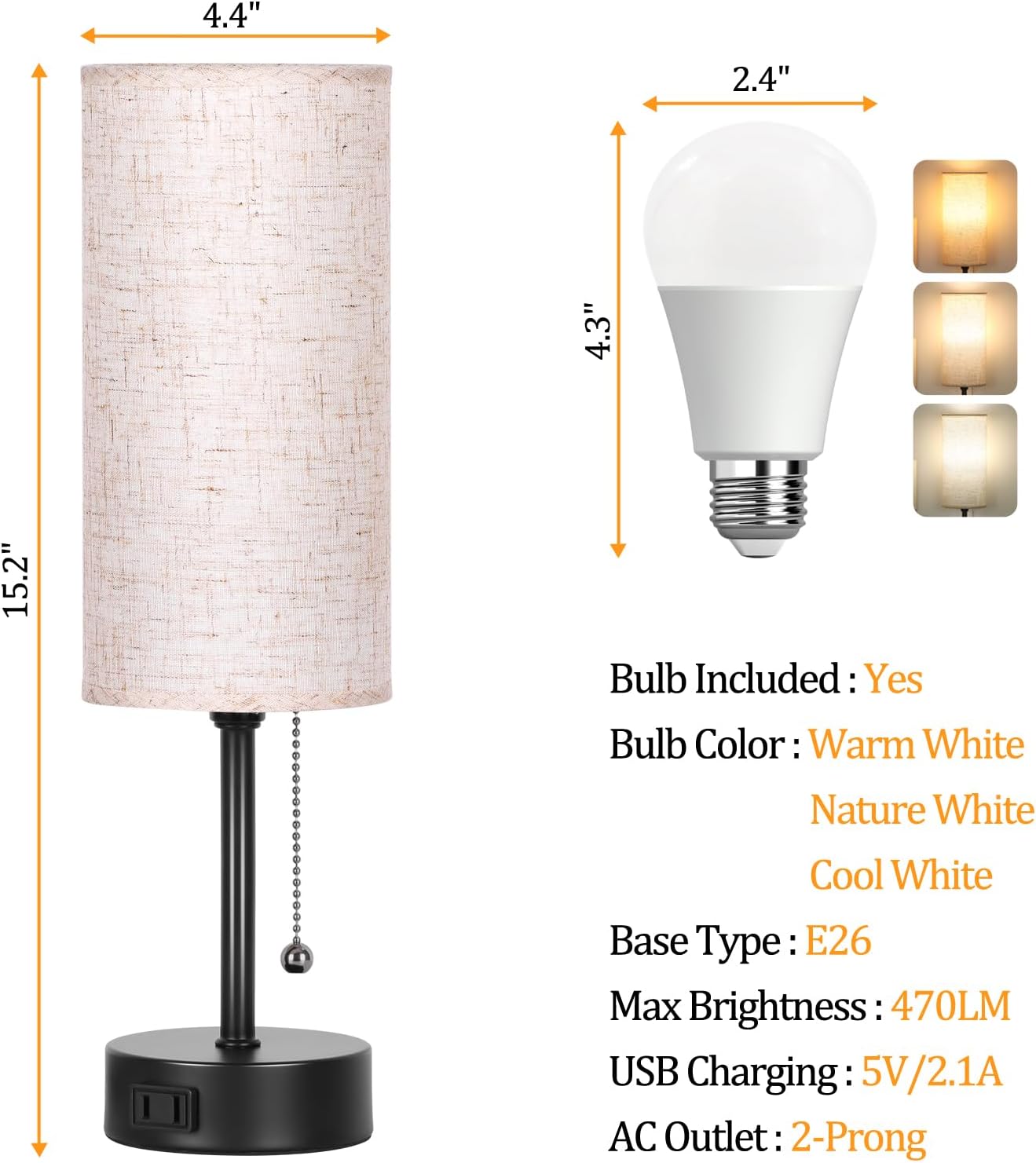 Dott Arts 15" Table Lamp for Bedroom, 3-Color Bedside Lamps with Pull Chain, Bedroom Table Lamps for Nightstand,AC Outlet Small Lamp for Living Room, Bulb Included