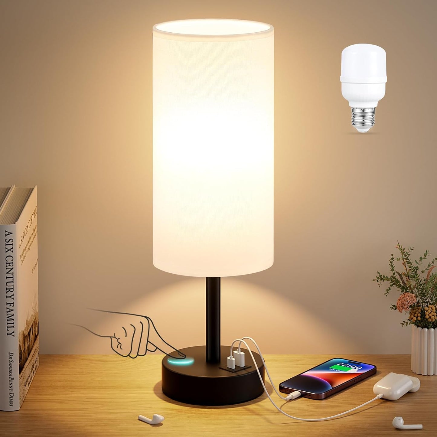 Touch Bedside Table Lamp with USB - 3 Way Dimmable Wood Lamp for Bedroom Nightstand, Desk Lamp with Charging Station for Dorm, Living Room, Office, Kids Room, Nursery, Small