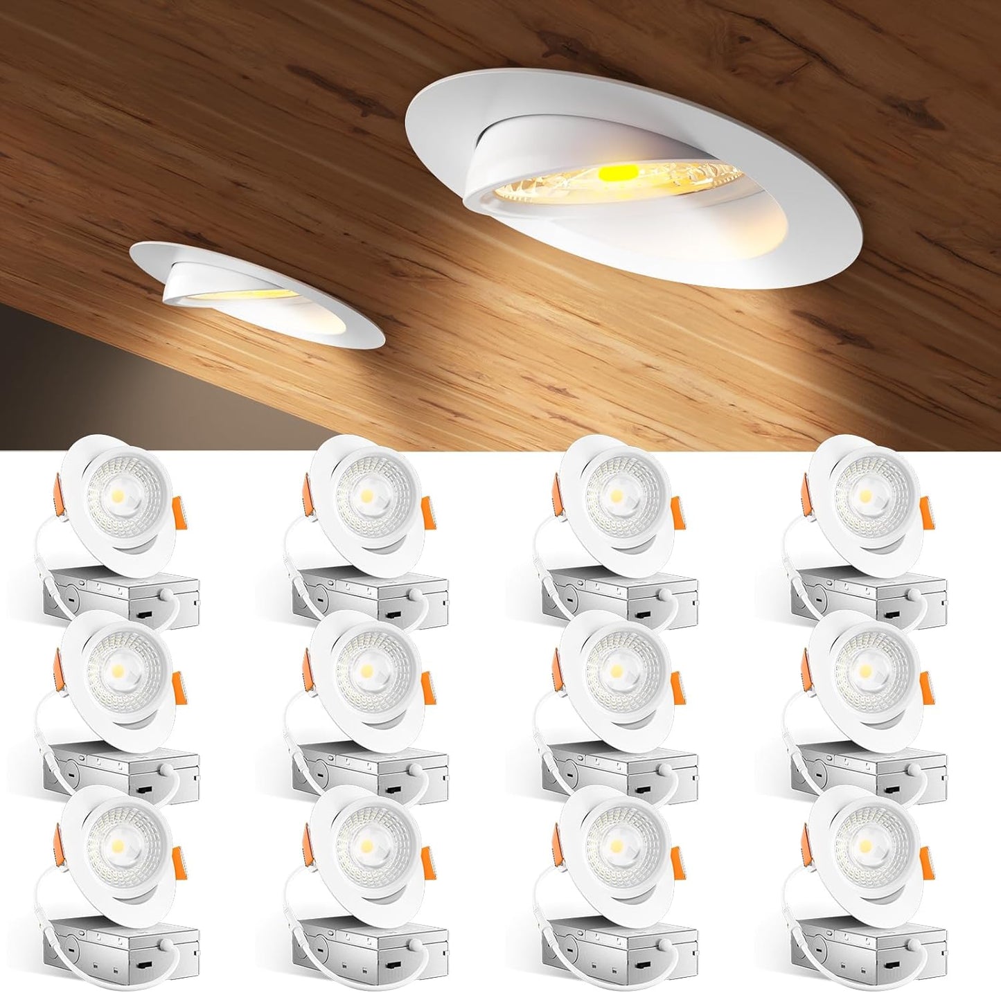 Amico 12 Pack 6 Inch 5CCT Gimbal LED Recessed Lighting, 360°&90°Adjustable Eyeball Directional Downlight, Dimmable, 2700K/3000K/3500K/4000K/5000K Selectable, 12W 1200LM CRI90+, White, ETL&FCC