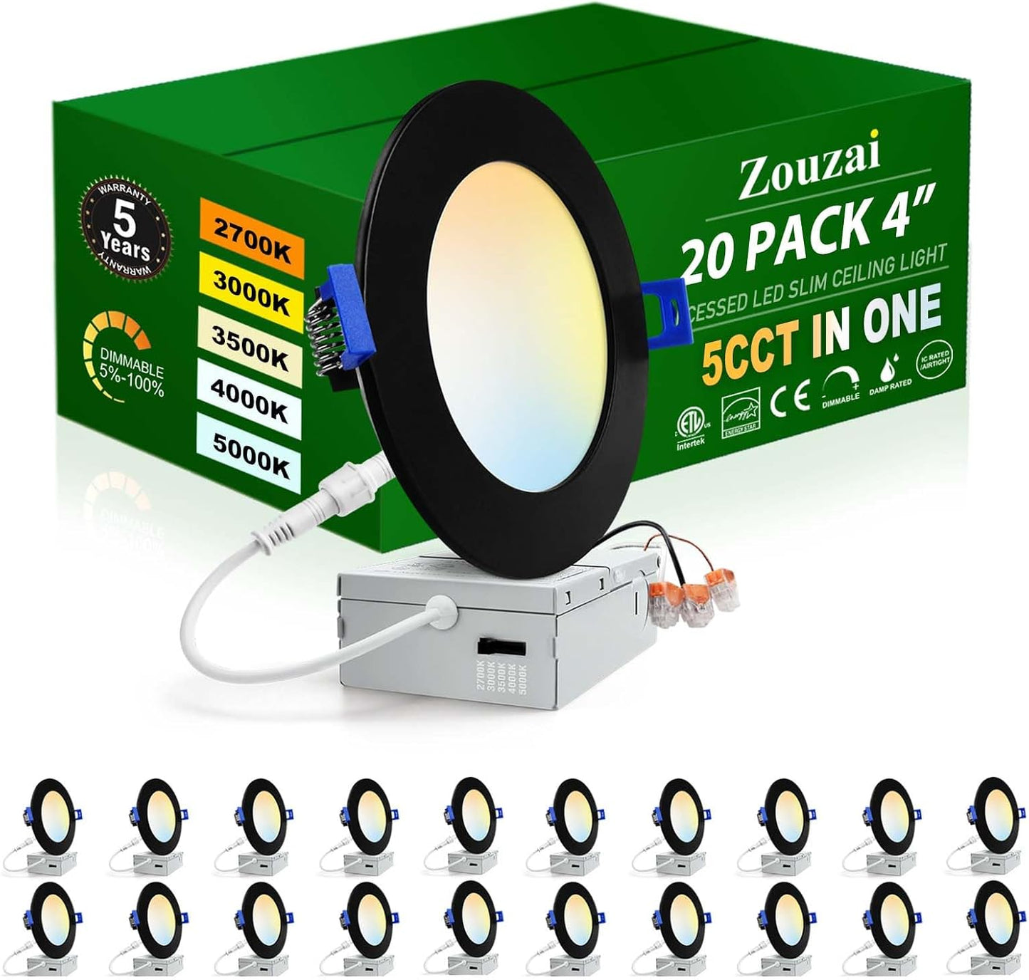 zouzai 20 Pack 6 Inch Ultra-Thin LED Recessed Ceiling Light with Junction Box 5CCT Adjustable Dimmable Can-Killer Downlight - ETL and Energy Star Certified