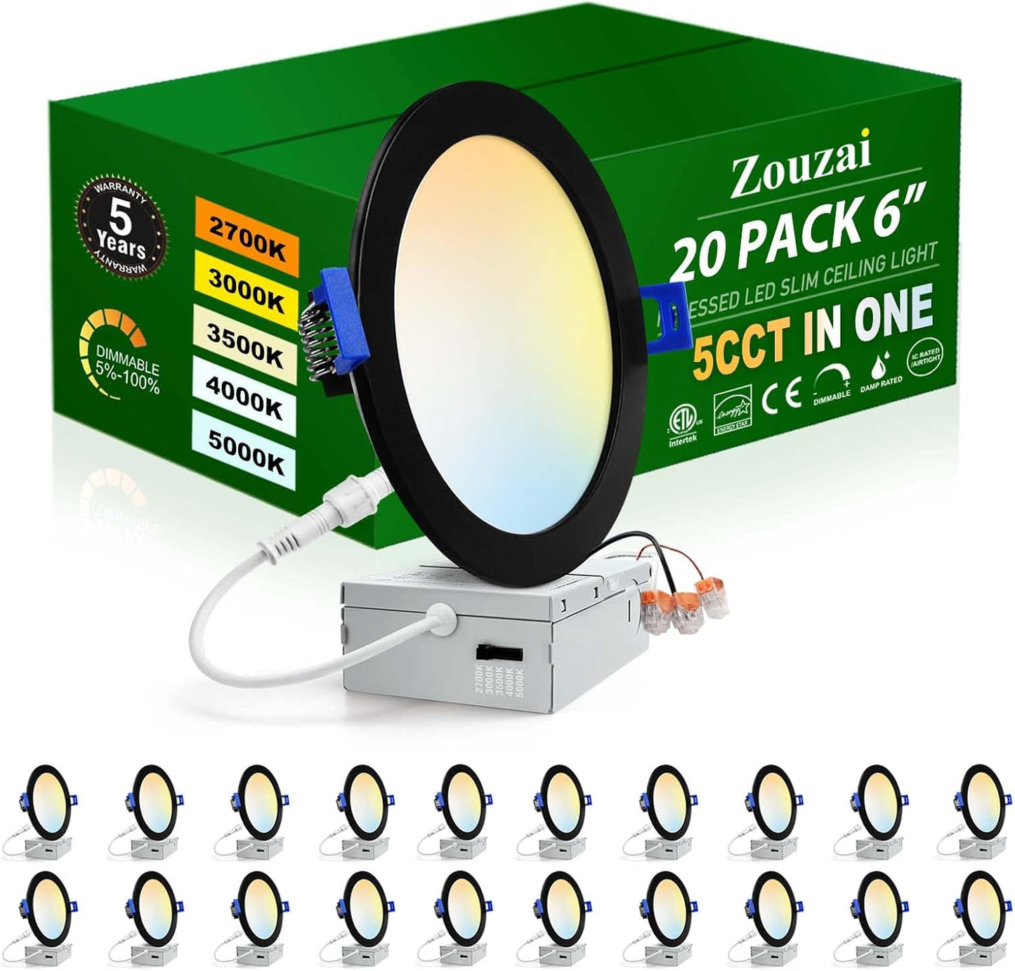 zouzai 20 Pack 6 Inch Ultra-Thin LED Recessed Ceiling Light with Junction Box 5CCT Adjustable Dimmable Can-Killer Downlight - ETL and Energy Star Certified