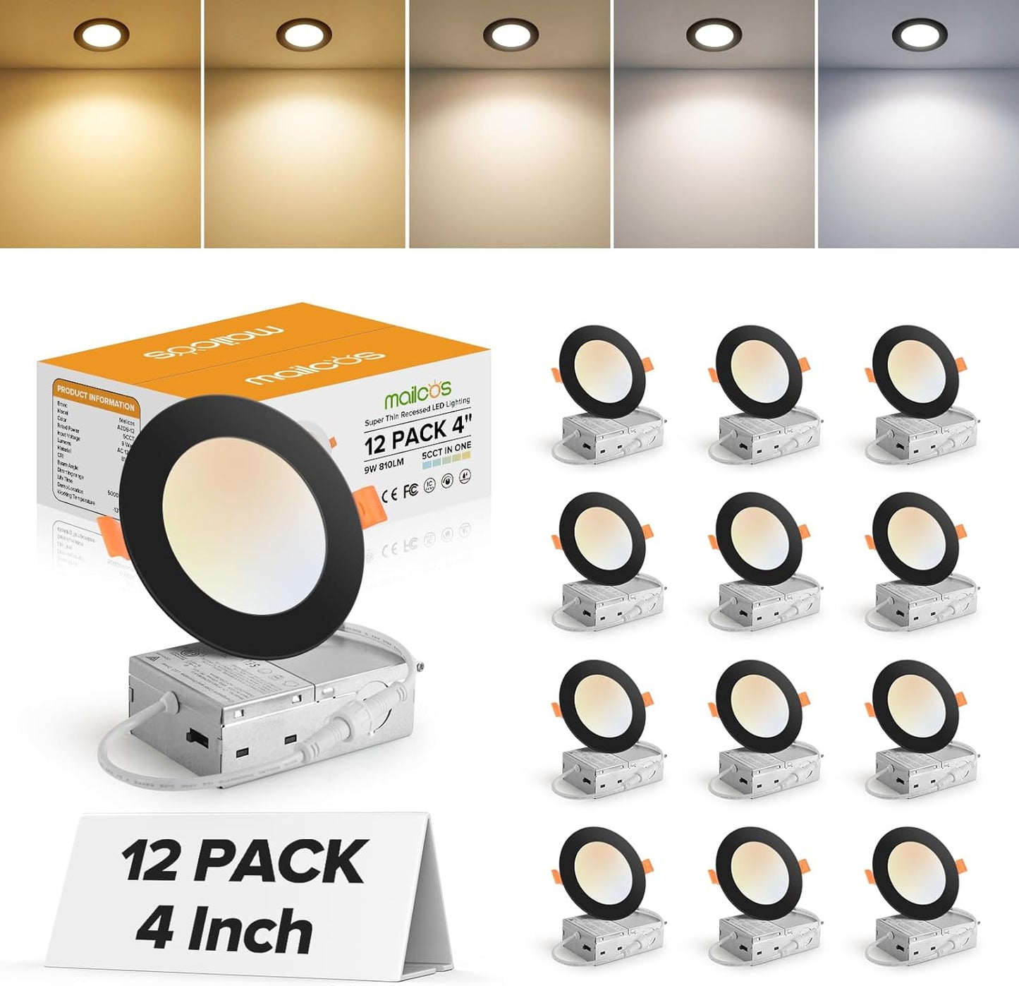 MAILCOS 12 Pack 6 Inch 5CCT Ultra-Thin LED Recessed Ceiling Light with Junction Box, 2700K-5000K Selectable, 1050LM High Brightness, Dimmable Canless Wafer Downlight, 12W 120V, ETL