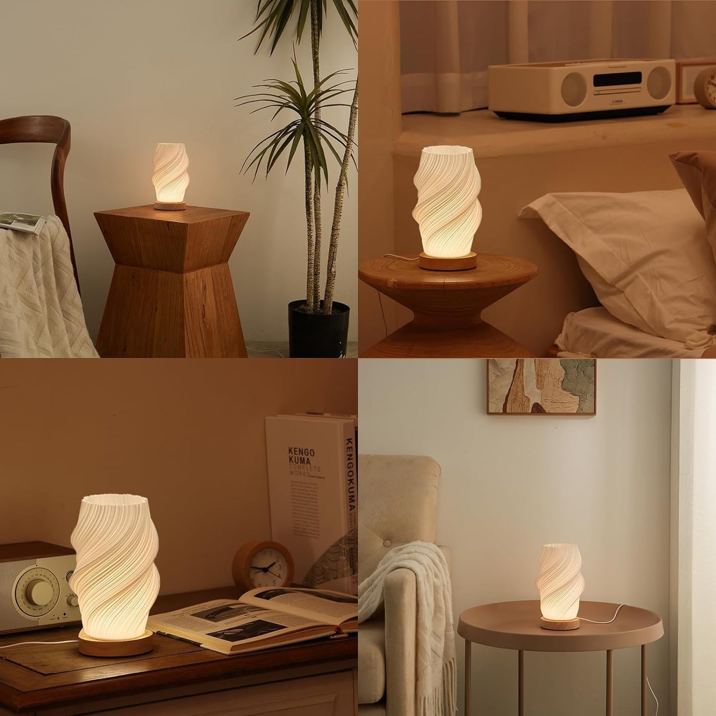 Bedside Lamp with Woodbase - Button Control Table Lamp for Bedroom 12 Way Dimmable Nightstand Lamp with PLA Lampshade for Living Room, Kids Room, College Dorm, Office (White-E, Medium)