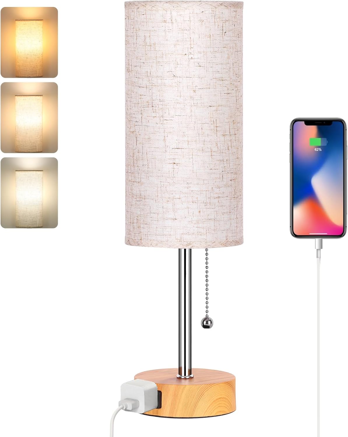 Dott Arts 15" Table Lamp for Bedroom, 3-Color Bedside Lamps with Pull Chain, Bedroom Table Lamps for Nightstand,AC Outlet Small Lamp for Living Room, Bulb Included