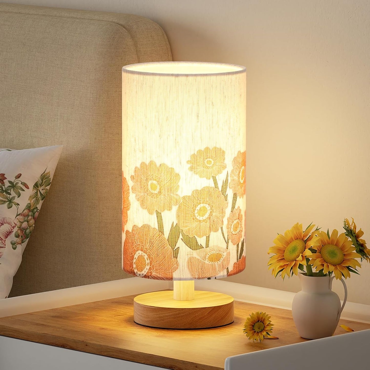 Small Table Lamp for Bedroom - Inline Control, Bedside Lamp with 3000K A15 LED Blub, Easy Assembly (Cream Shade - Wood Base, 9" Inline Control)