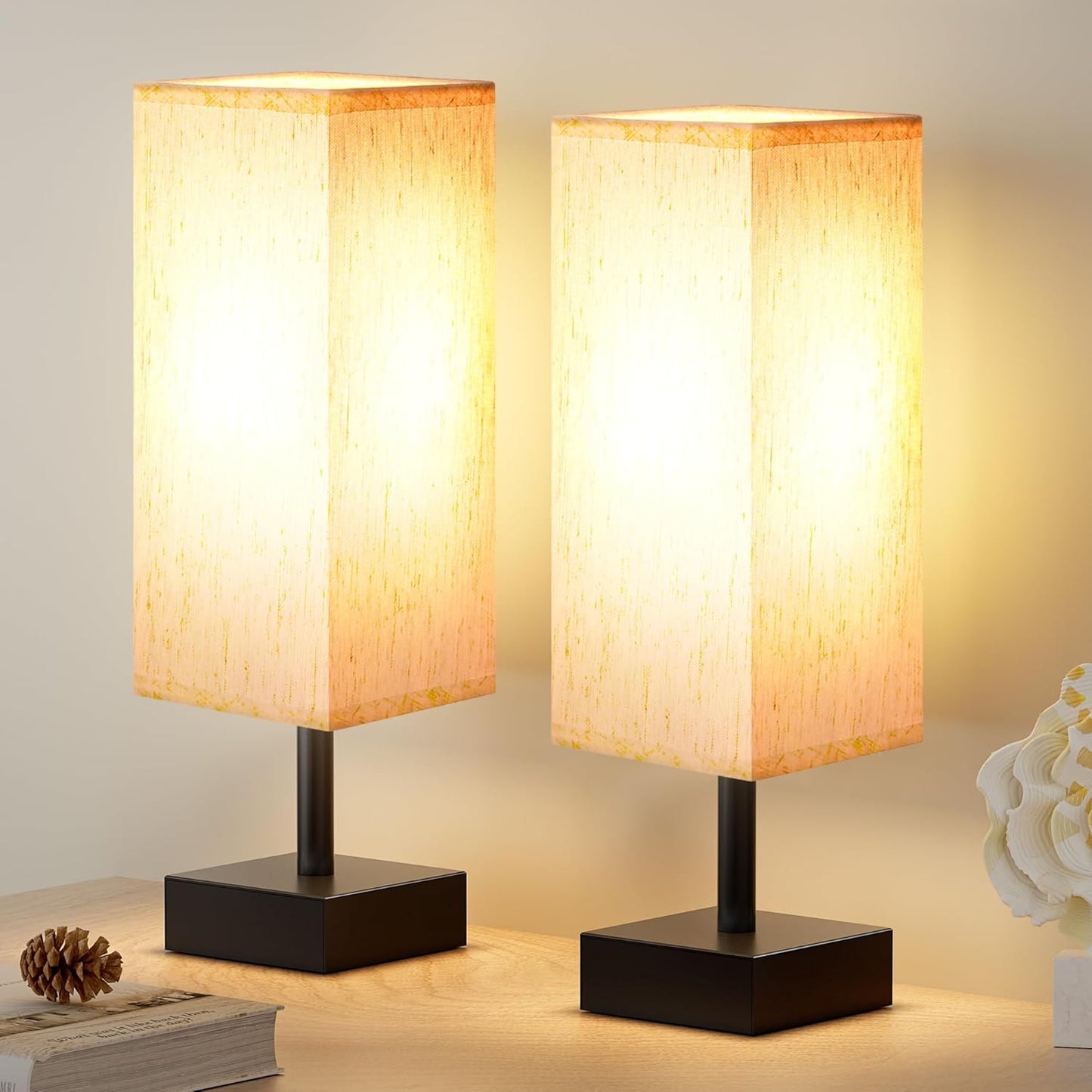 Small Table Lamp for Bedroom - Bedside Lamps for Nightstand, Minimalist Night Stand Light Lamp with Square Fabric Shade, Desk Reading Lamp for Kids Room Living Room Office Dorm