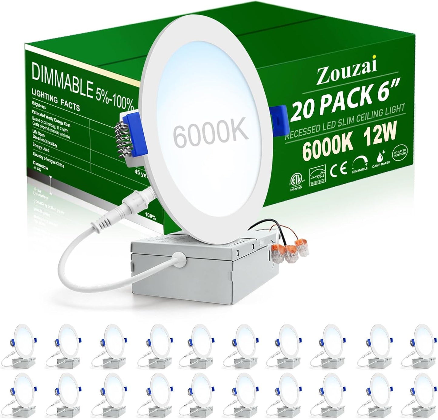 zouzai 20 Pack 6 Inch Ultra-Thin LED Recessed Ceiling Light with Junction Box 5CCT Adjustable Dimmable Can-Killer Downlight - ETL and Energy Star Certified
