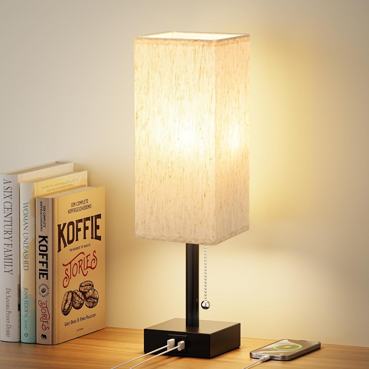 Small Table Lamp for Bedroom - Bedside Lamps for Nightstand, Minimalist Night Stand Light Lamp with Square Fabric Shade, Desk Reading Lamp for Kids Room Living Room Office Dorm