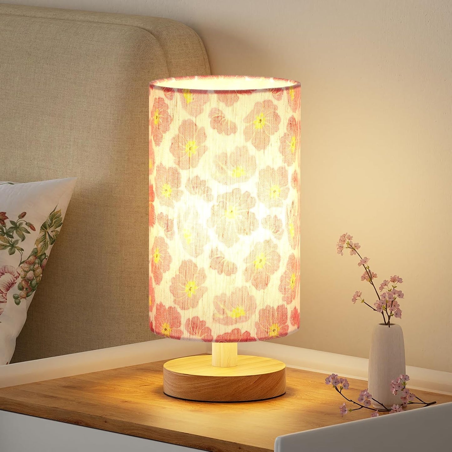 Small Table Lamp for Bedroom - Inline Control, Bedside Lamp with 3000K A15 LED Blub, Easy Assembly (Cream Shade - Wood Base, 9" Inline Control)