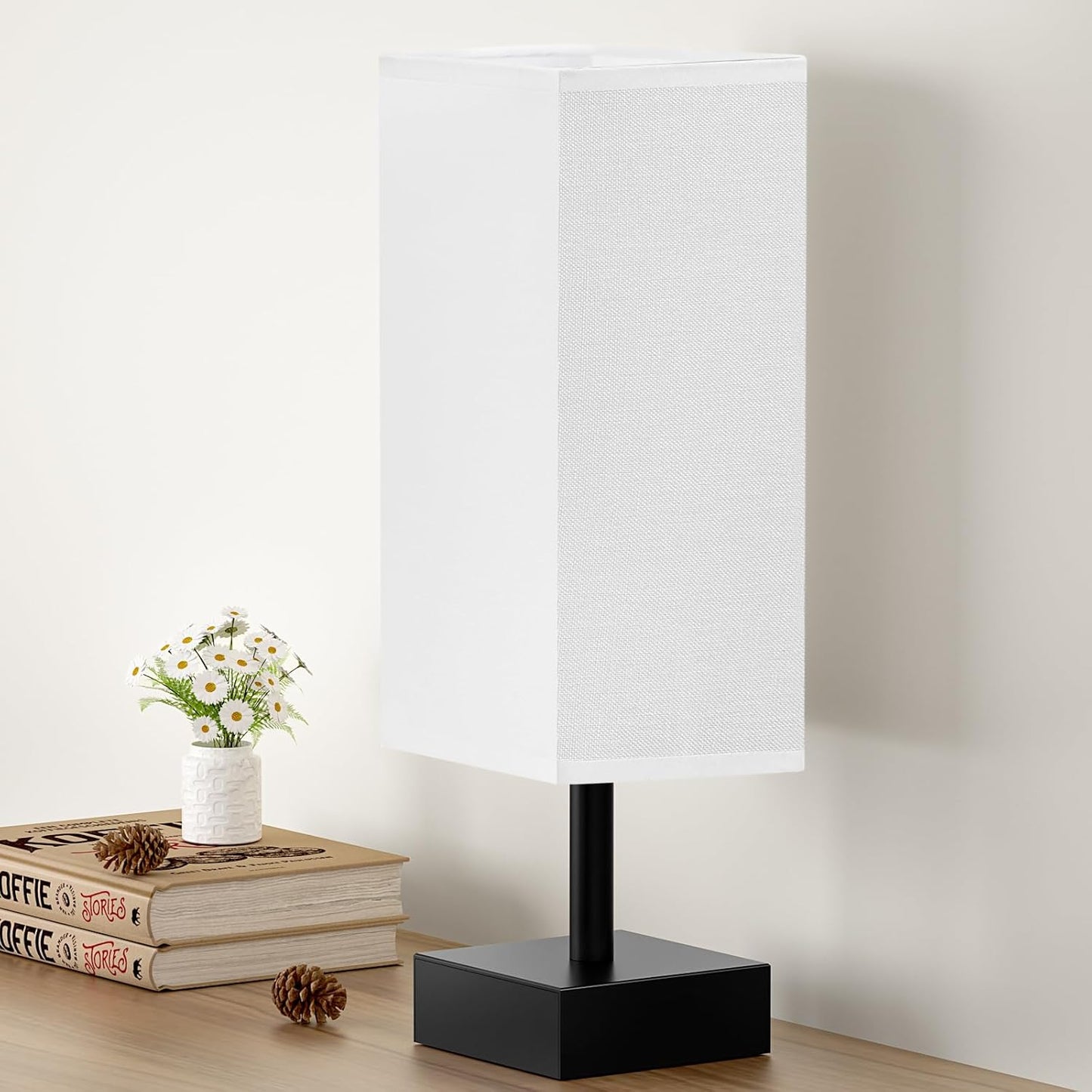 Small Table Lamp for Bedroom - Bedside Lamps for Nightstand, Minimalist Night Stand Light Lamp with Square Fabric Shade, Desk Reading Lamp for Kids Room Living Room Office Dorm
