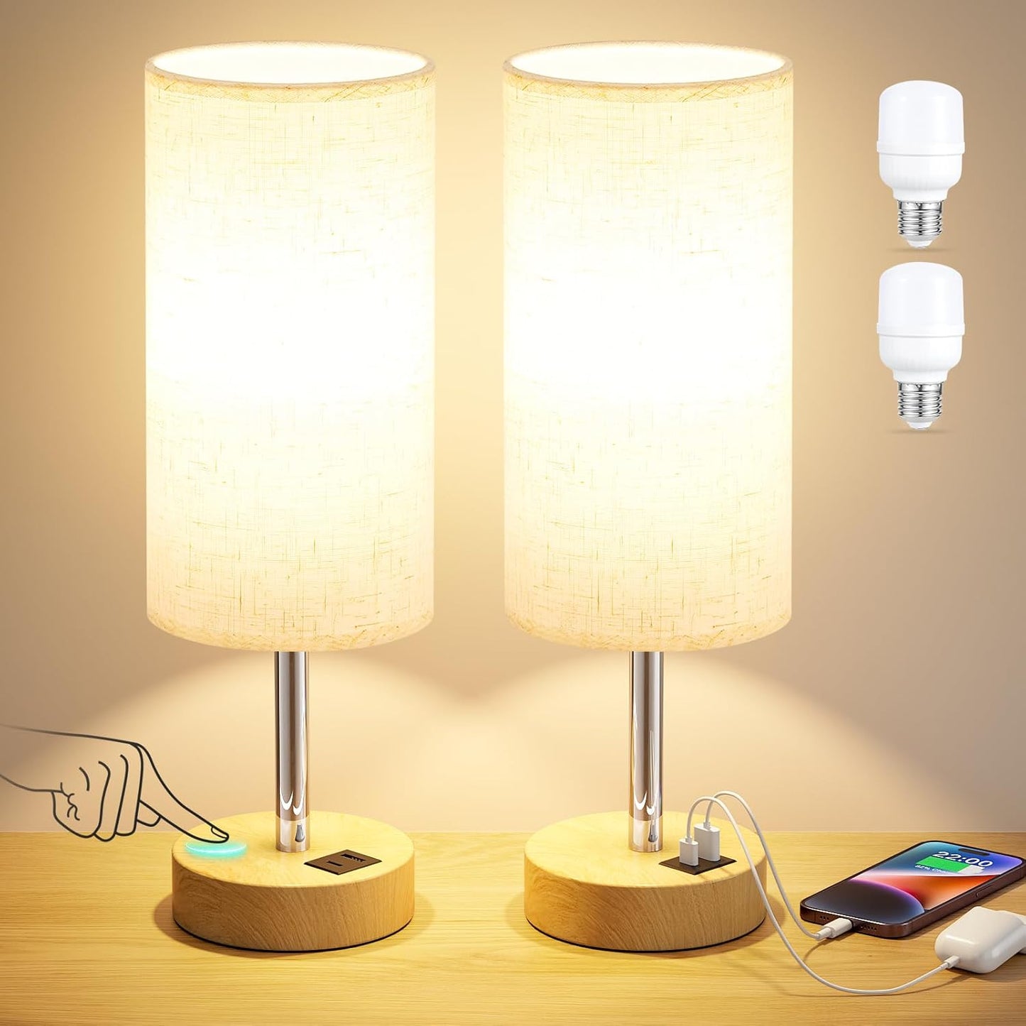 Touch Bedside Table Lamp with USB - 3 Way Dimmable Wood Lamp for Bedroom Nightstand, Desk Lamp with Charging Station for Dorm, Living Room, Office, Kids Room, Nursery, Small