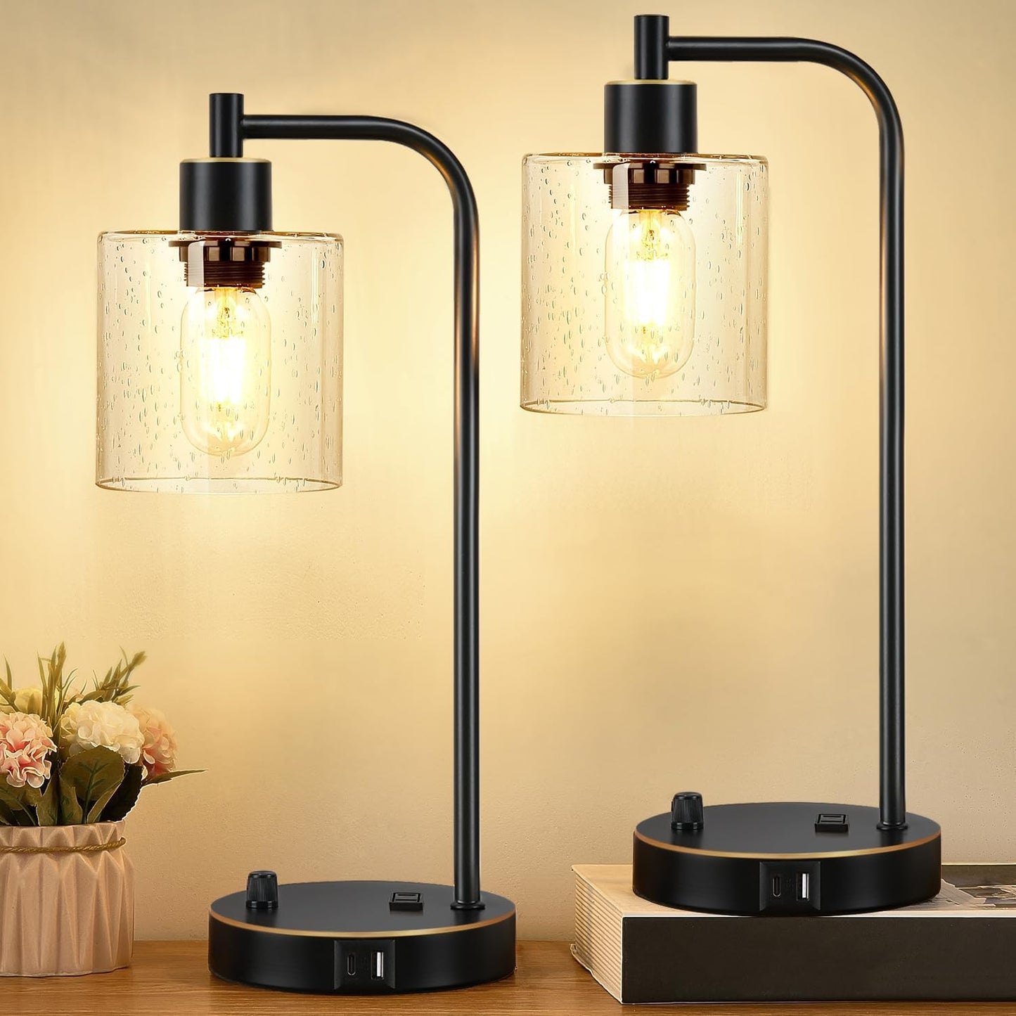 Set of 2 Industrial Table Lamps with USB Port, Fully Stepless Dimmable Bedside Lamps for Bedrooms, Nightstand Desk Lamp with Clear Glass Shade for Reading Living Room Office 2 LED Bulb Included