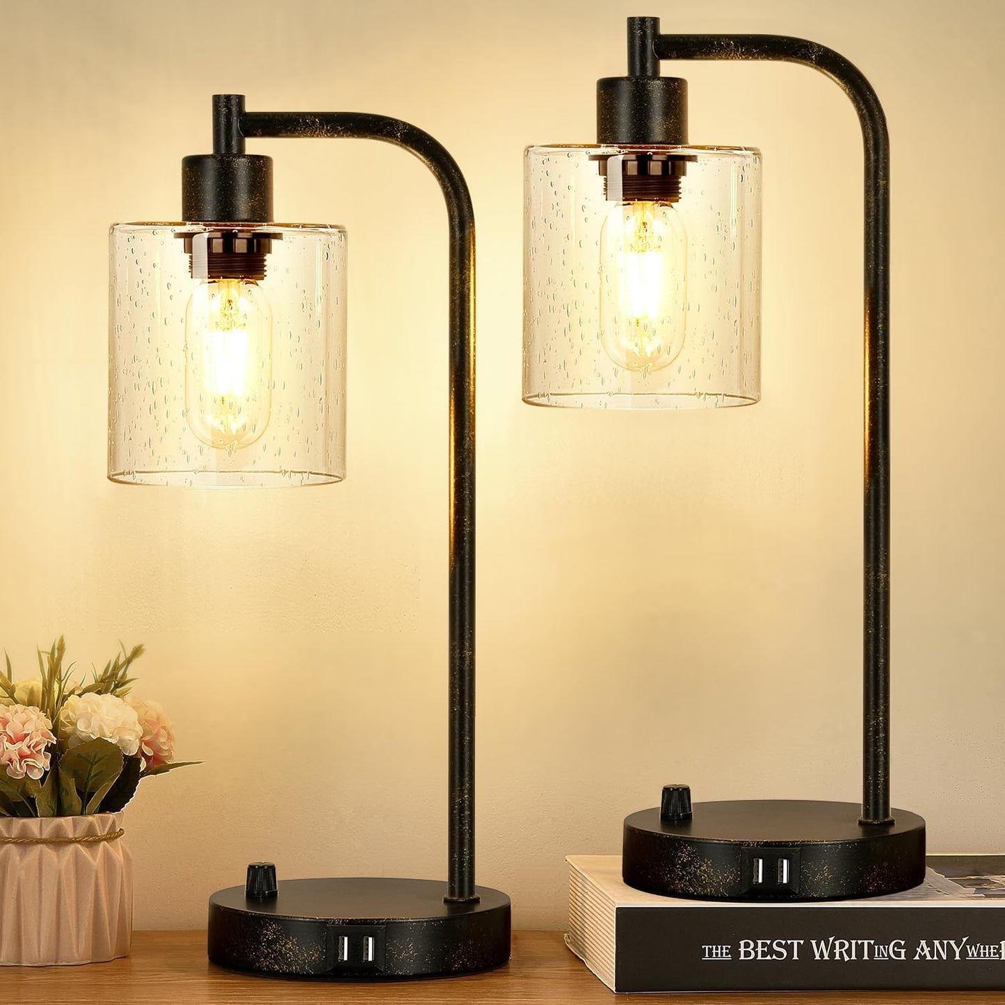 Set of 2 Industrial Table Lamps with USB Port, Fully Stepless Dimmable Bedside Lamps for Bedrooms, Nightstand Desk Lamp with Clear Glass Shade for Reading Living Room Office 2 LED Bulb Included