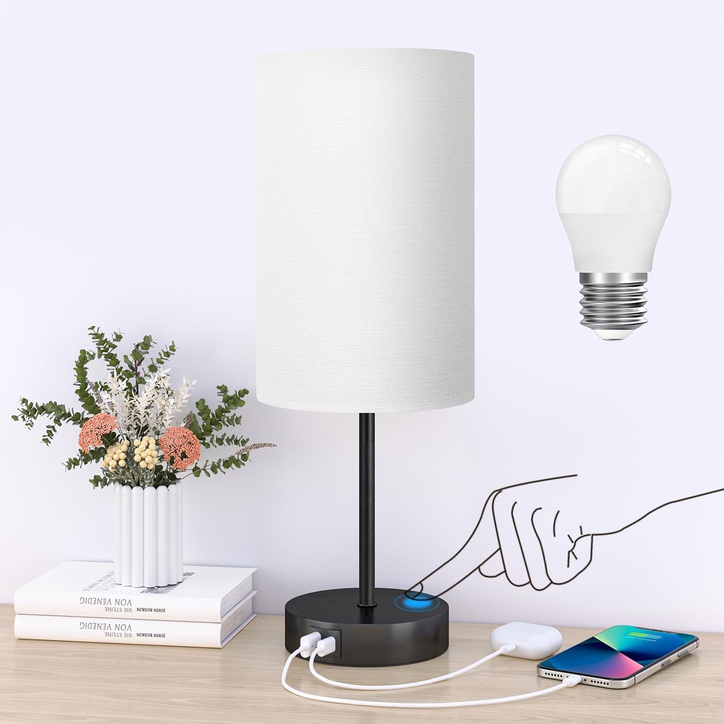 AKASUKI Table Lamp for Bedroom, 3 Way Dimmable Touch Lamp with Dual Charging Station, Small Bedside Lamps for Night Stands, Living Room, Office(LED Bulb Included)