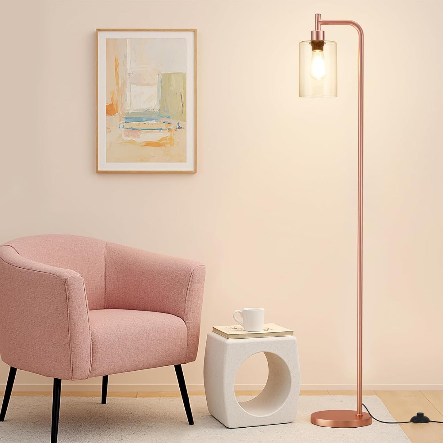 Industrial Floor Lamp with Glass Shade - Black, LED Bulbs, Foot Pedal Switch, Easy Assembly