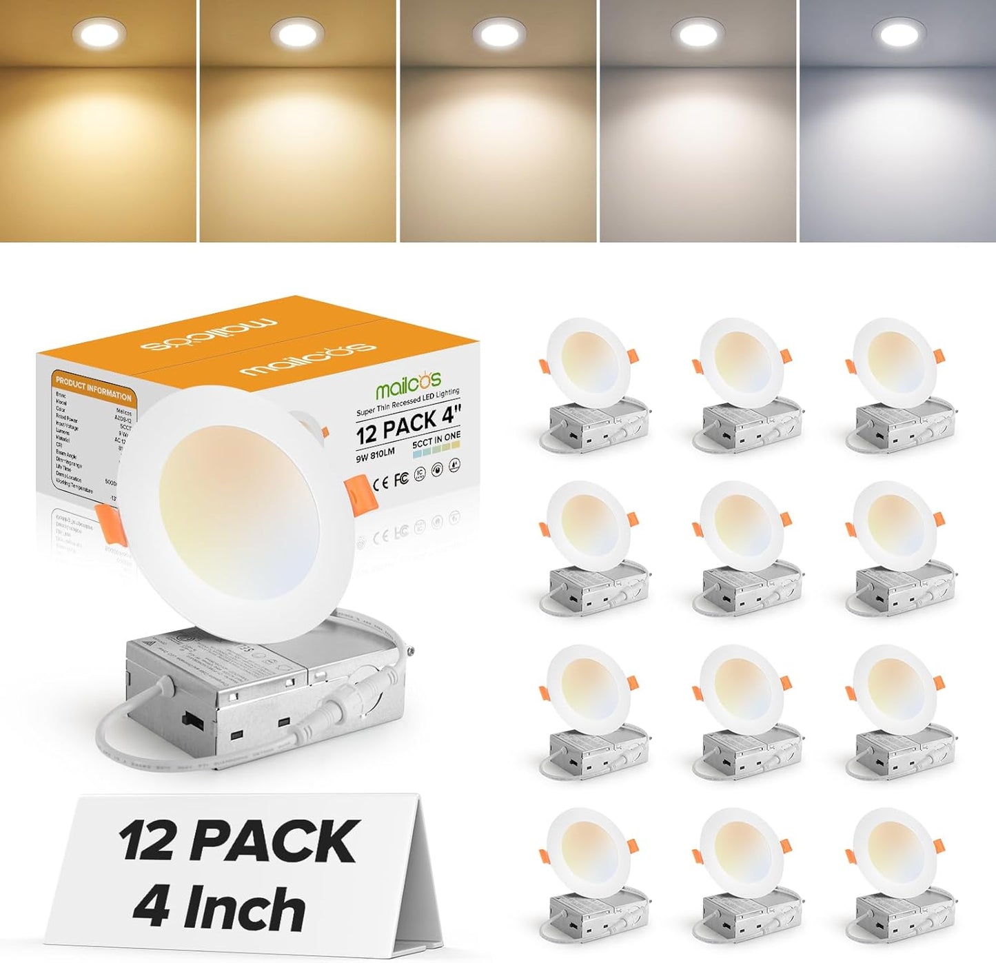 MAILCOS 12 Pack 6 Inch 5CCT Ultra-Thin LED Recessed Ceiling Light with Junction Box, 2700K-5000K Selectable, 1050LM High Brightness, Dimmable Canless Wafer Downlight, 12W 120V, ETL