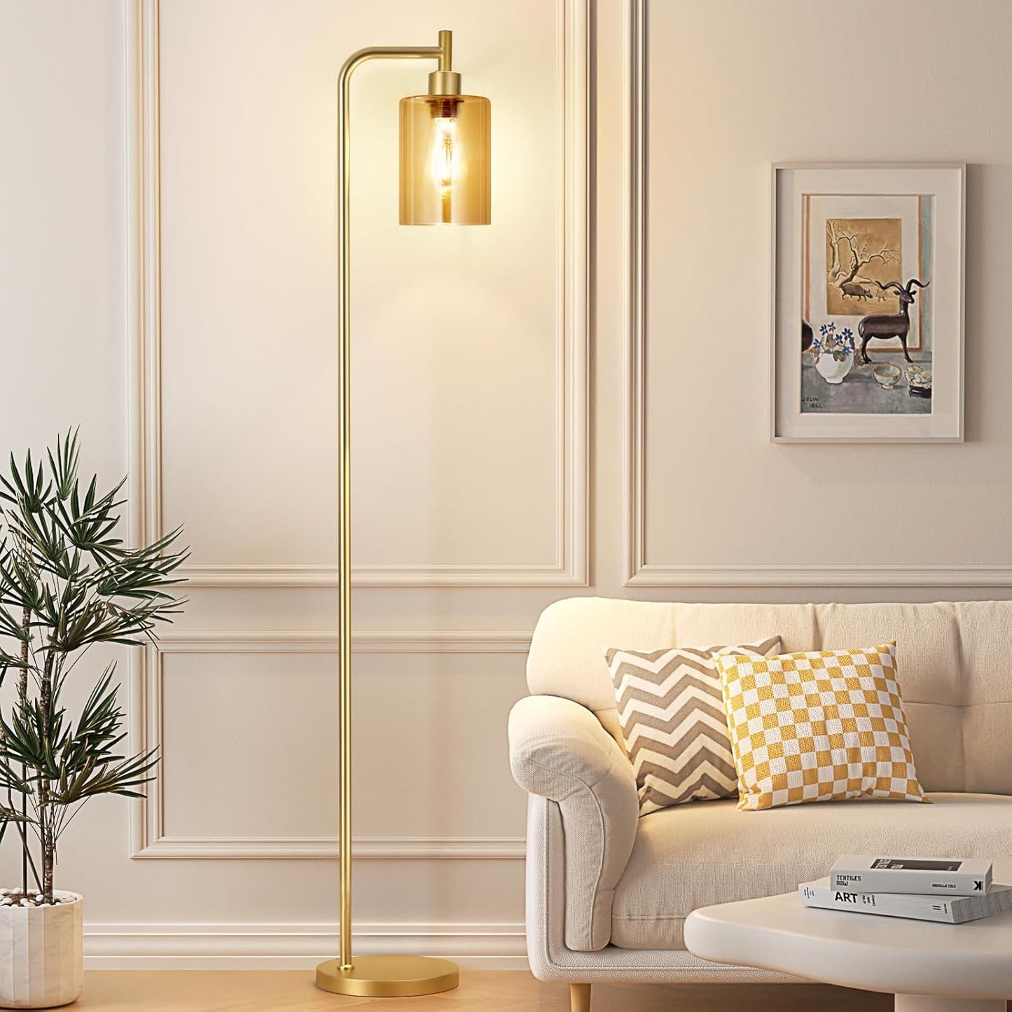 Industrial Floor Lamp with Glass Shade - Black, LED Bulbs, Foot Pedal Switch, Easy Assembly