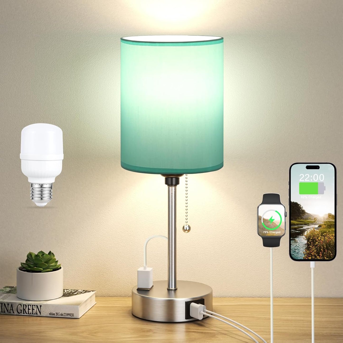 Small Bedside Table lamp for Bedroom - 3 Color Temperatures Bedside Lamps with USB C and A Ports, Pull Chain Table Lamps with AC Outlet, White Nightstand Lamps with Black Metal Base for Kids Reading
