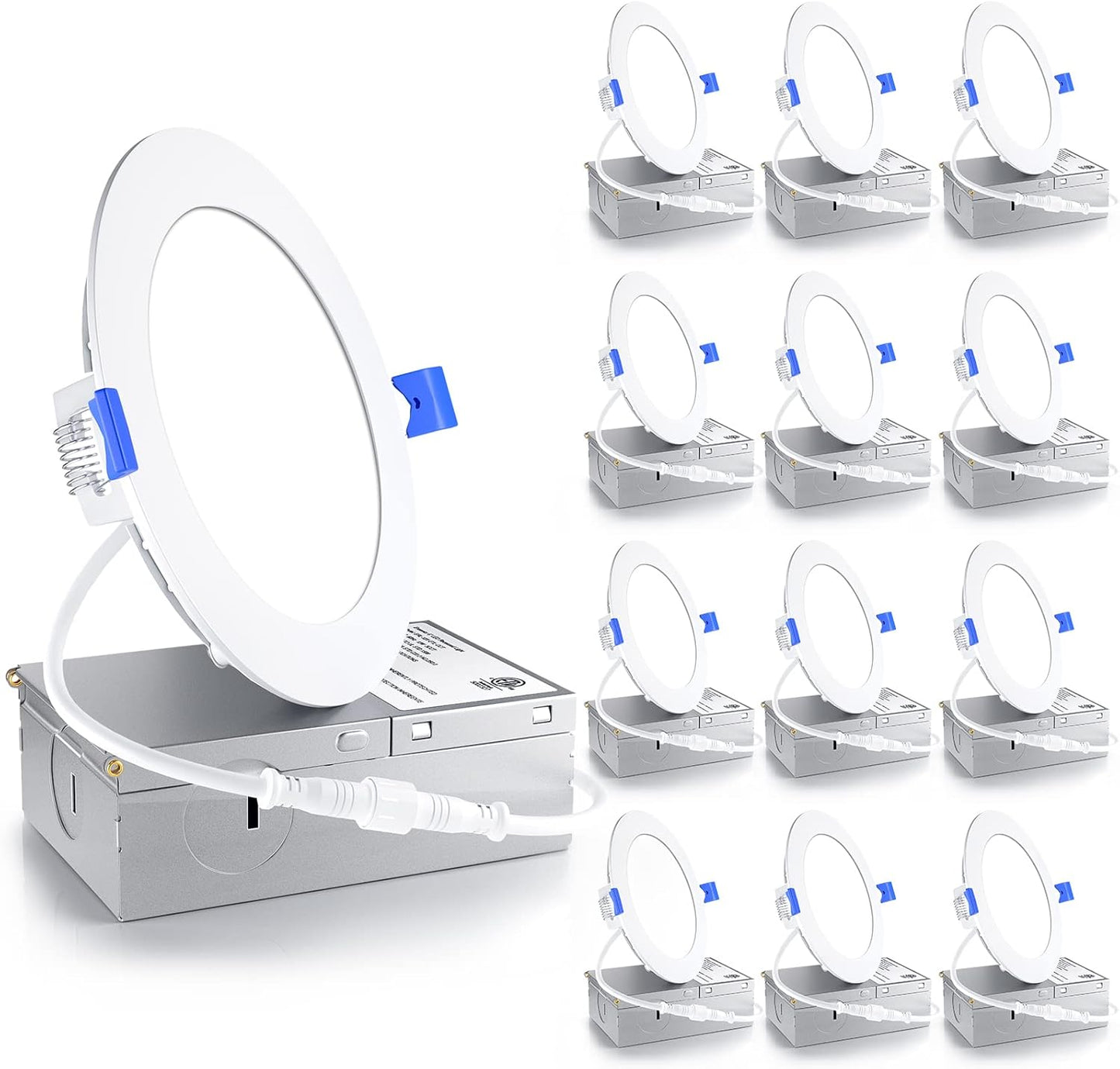 Ensenior 12 Pack 6 Inch LED Recessed Ceiling Light, Dimmable, 2700K-5000K 5CCT, 1200LM 12W 120V, High Brightness Canless Wafer Downlight - ETL&FCC&IC