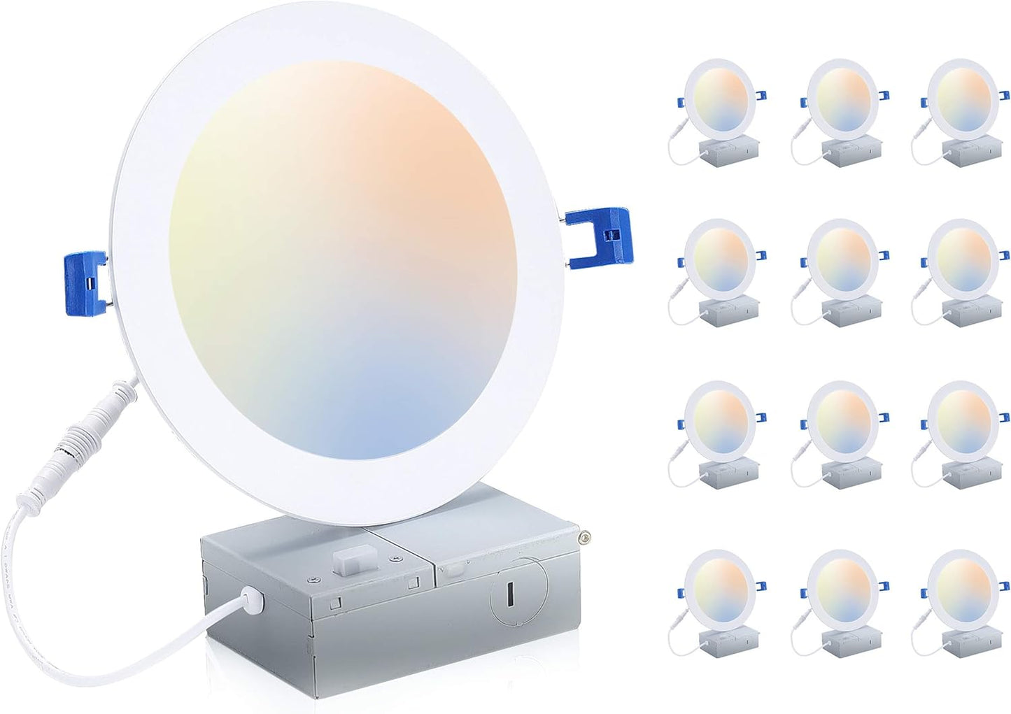 CLOUDY BAY 4 inch 3000K/4000K/5000K Three Color Temperature Selectable, Dimmable 10W CRI 90+, IC Rated,Ultra Thin Recessed Downlight with Junction Box, Canless Wafer Downlight,White Finish, 12 Pack