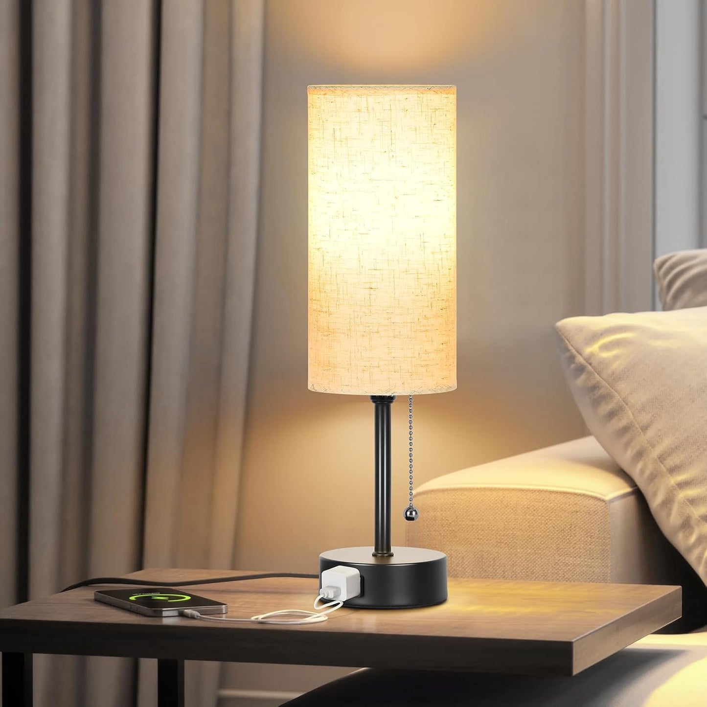 Dott Arts 15" Table Lamp for Bedroom, 3-Color Bedside Lamps with Pull Chain, Bedroom Table Lamps for Nightstand,AC Outlet Small Lamp for Living Room, Bulb Included